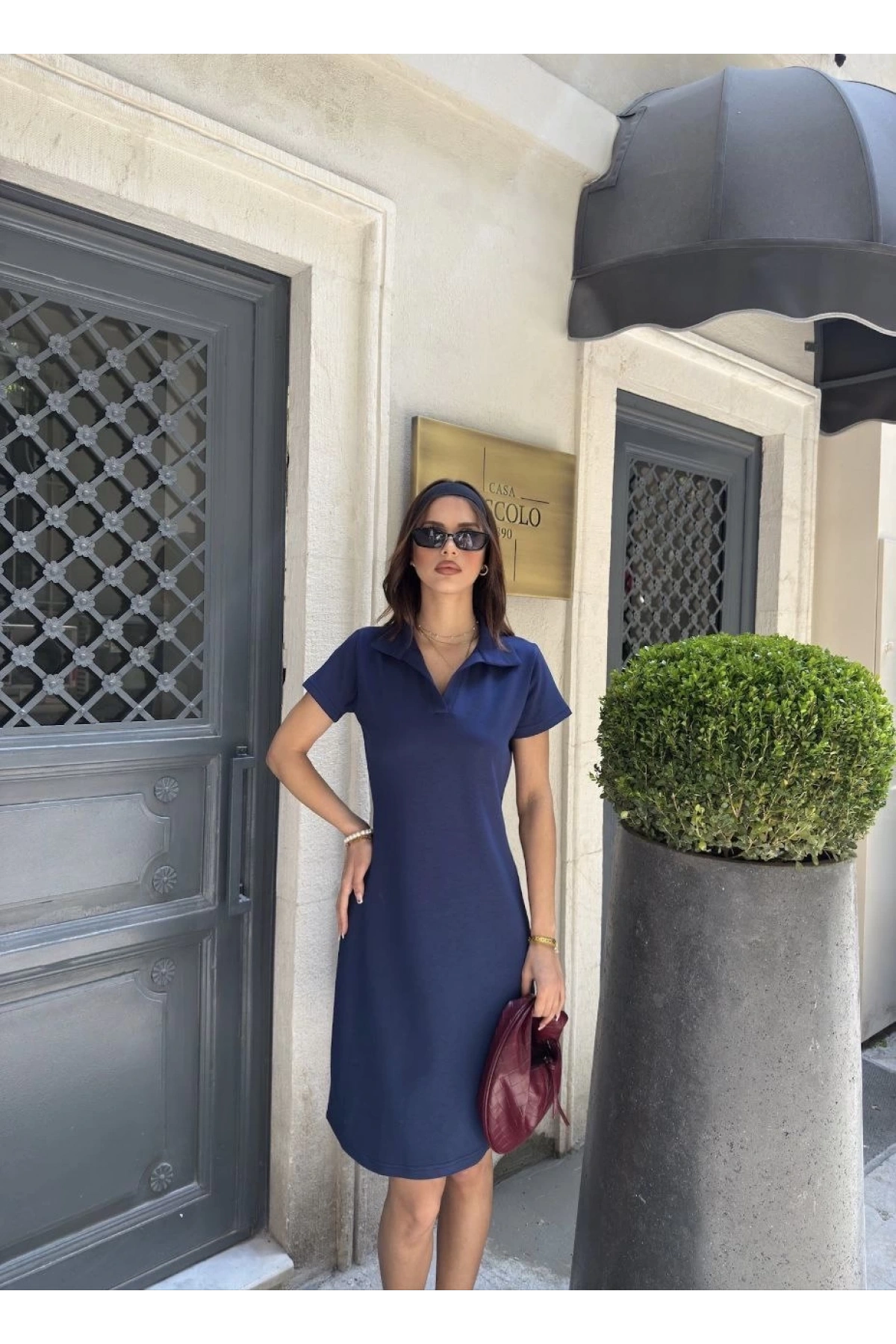 Osy Modal Yumuşak Dokulu Kumaş Yakalı Kısa Kollu Elbise - Mavi