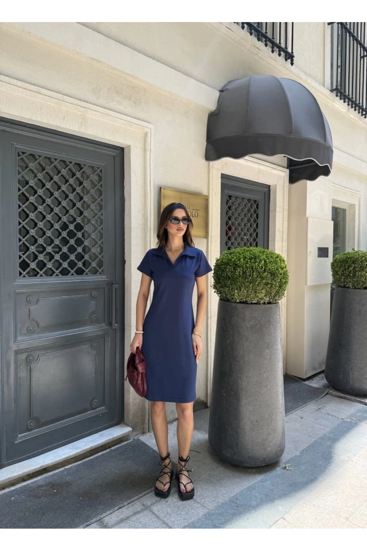 Osy Modal Yumuşak Dokulu Kumaş Yakalı Kısa Kollu Elbise - Mavi