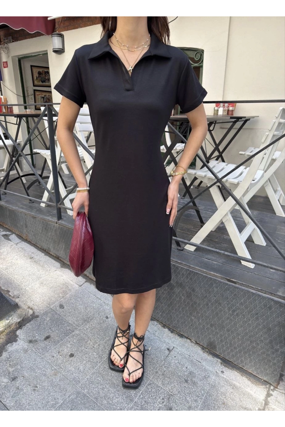 Osy Modal Yumuşak Dokulu Kumaş Yakalı Kısa Kollu Elbise - Siyah