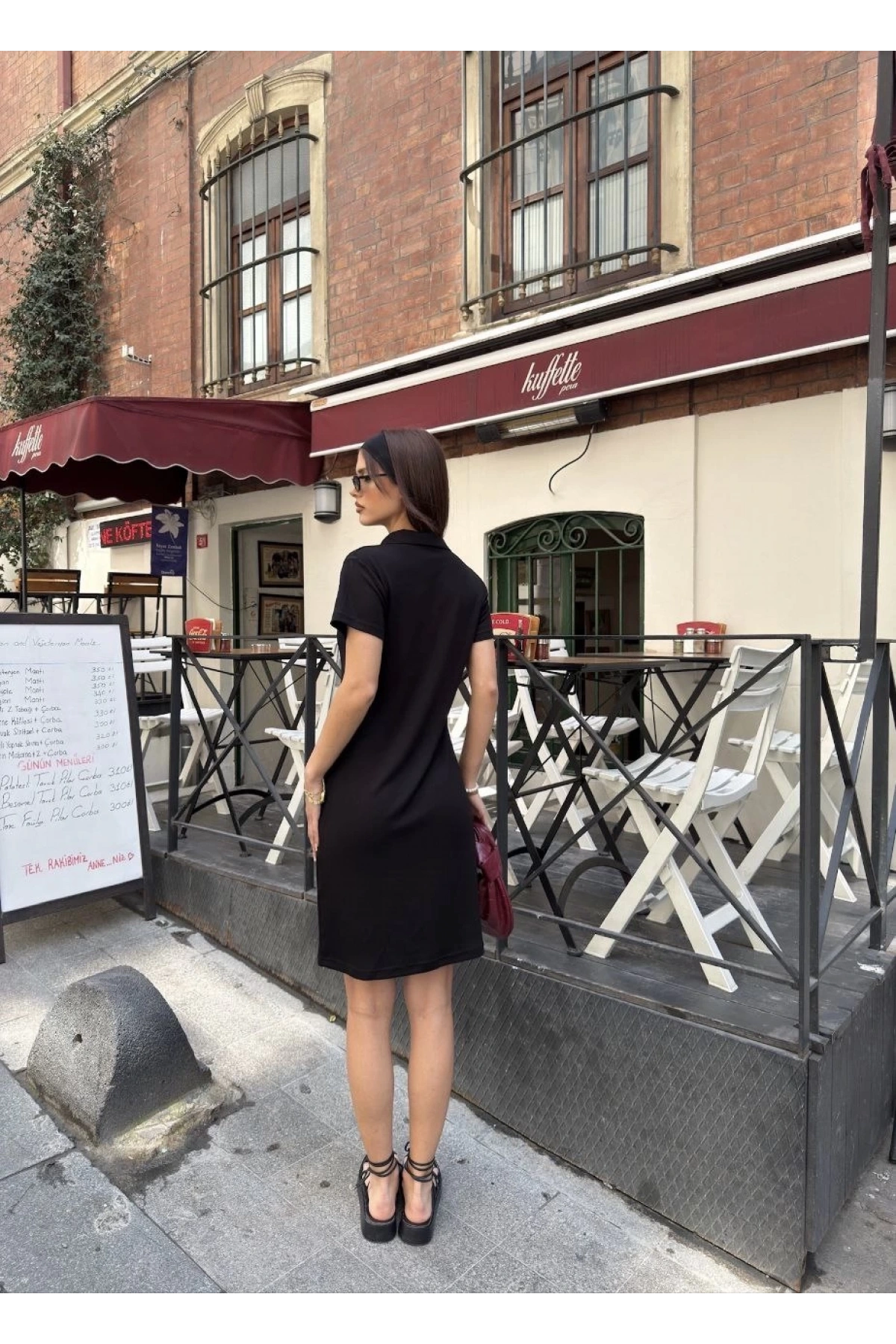 Osy Modal Yumuşak Dokulu Kumaş Yakalı Kısa Kollu Elbise - Siyah