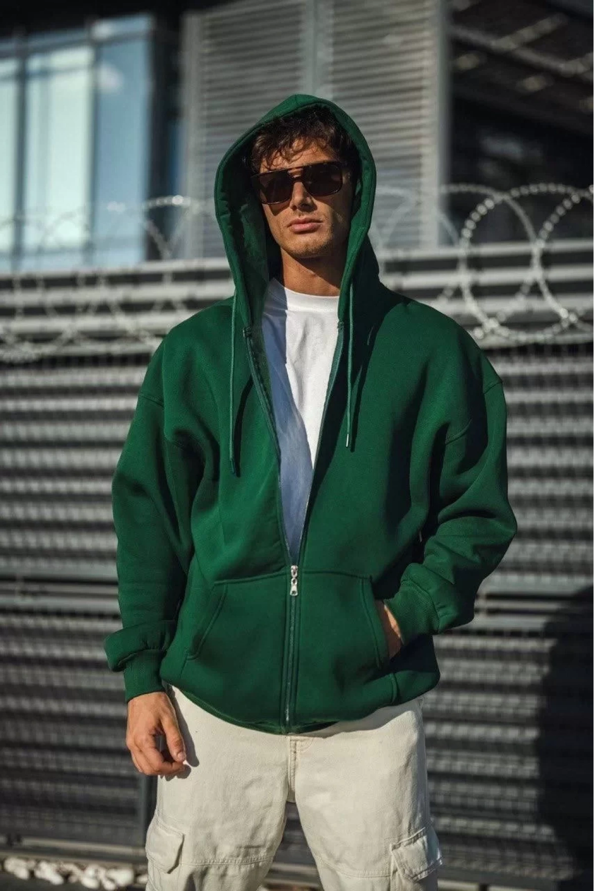 Oversize Tam Fermuarlı Uzun Kol Hırka - Haki