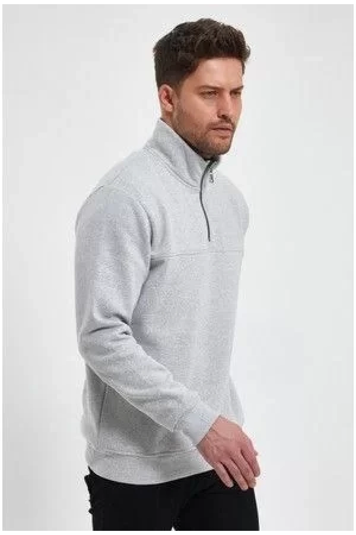 Oversize Yarım Farmuarlı Yakalı Basic SweatShirt - Gri