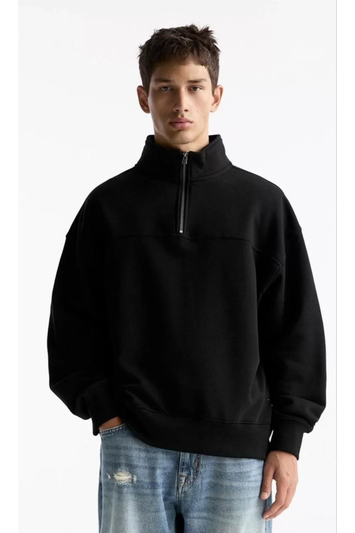 Oversize Yarım Farmuarlı Yakalı Basic SweatShirt - Siyah