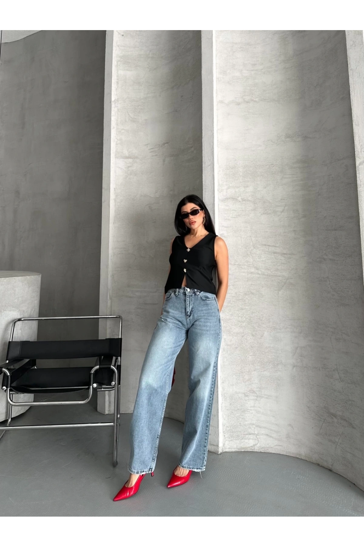 Palazzo straight kar yıkama jeans pantolon mavi d2008