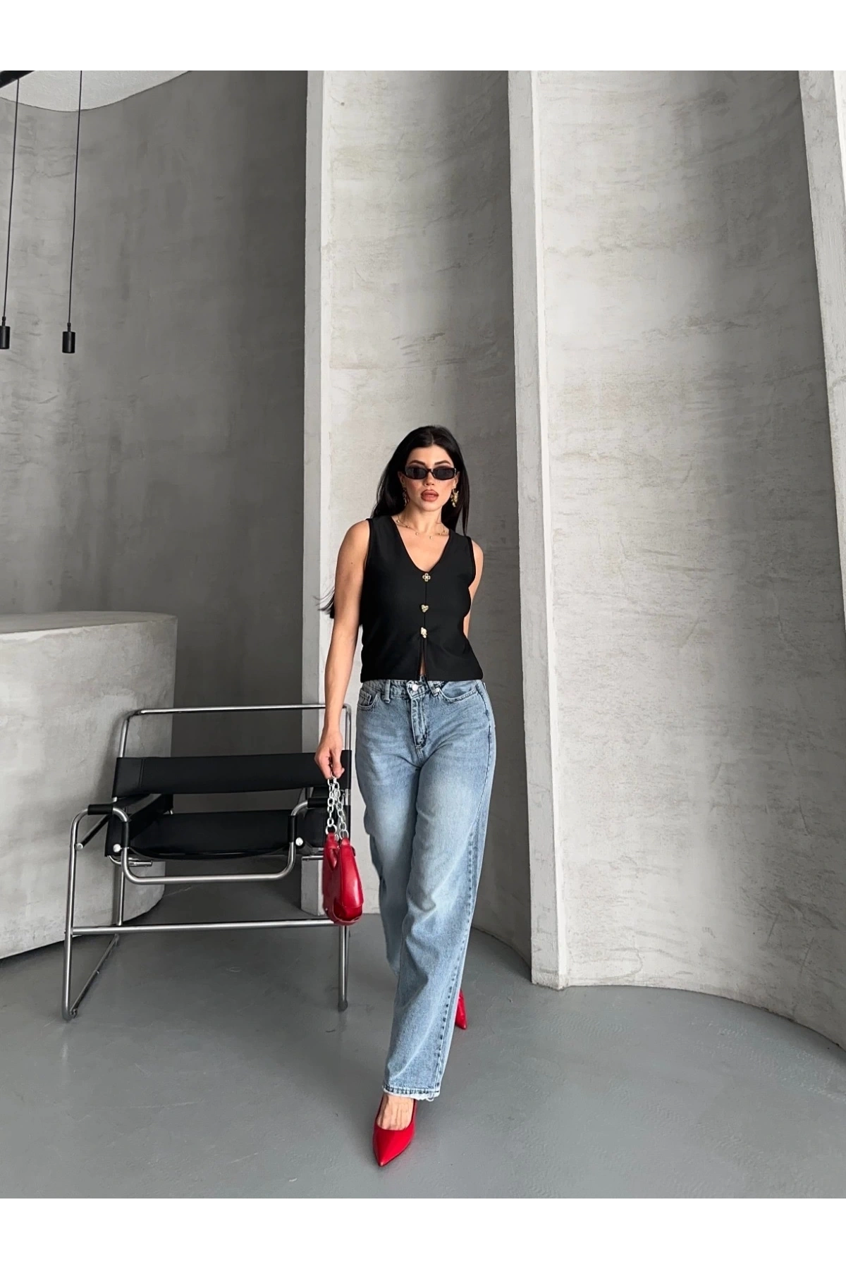 Palazzo straight kar yıkama jeans pantolon mavi d2008