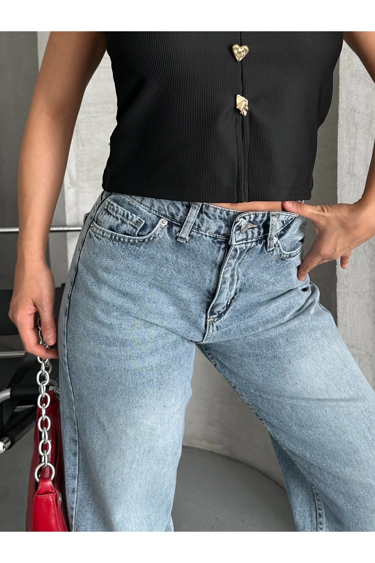 Palazzo straight kar yıkama jeans pantolon mavi d2008