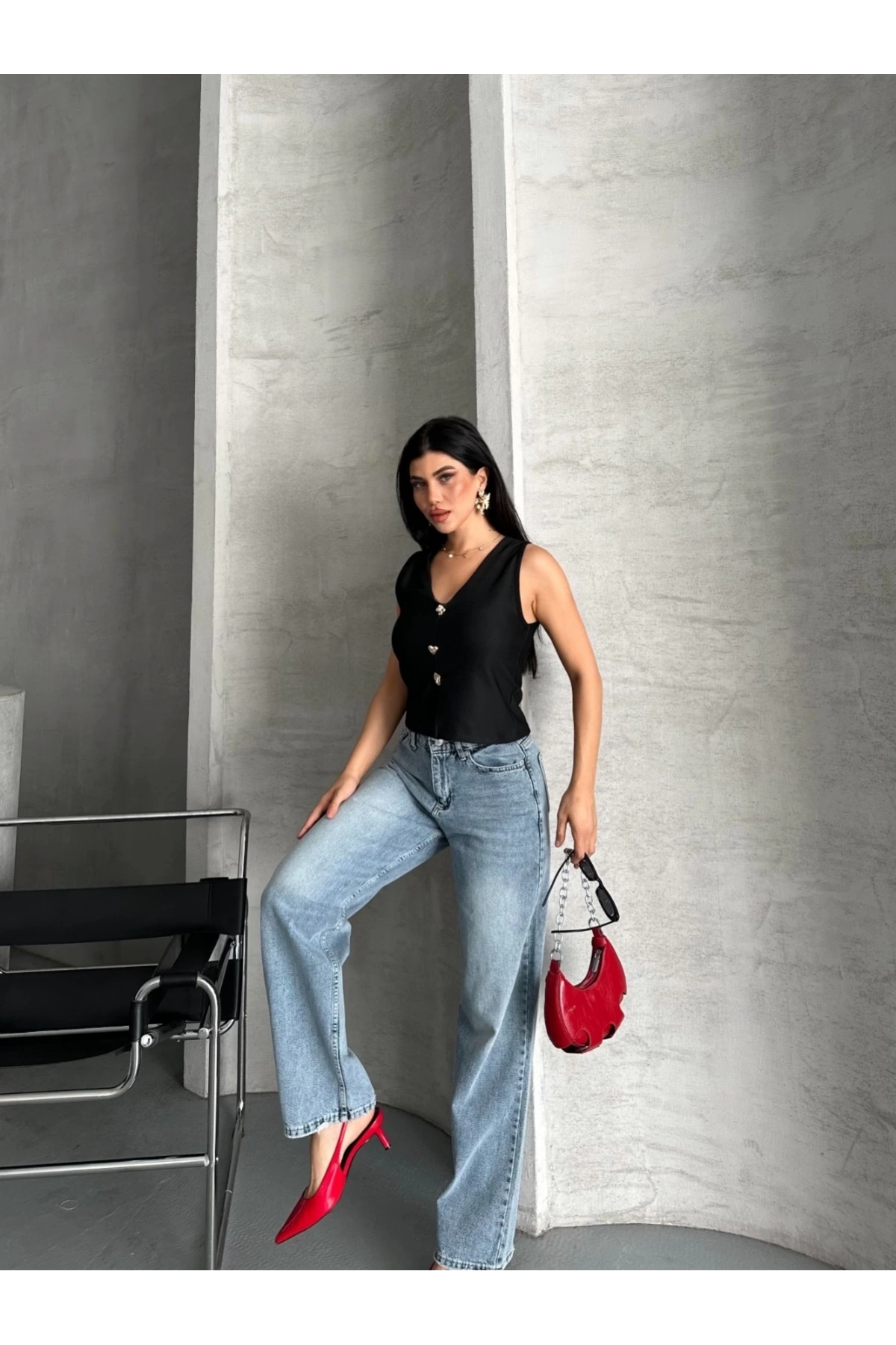 Palazzo straight kar yıkama jeans pantolon mavi d2008