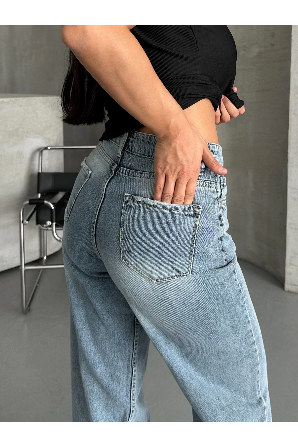 Palazzo straight kar yıkama jeans pantolon mavi d2008