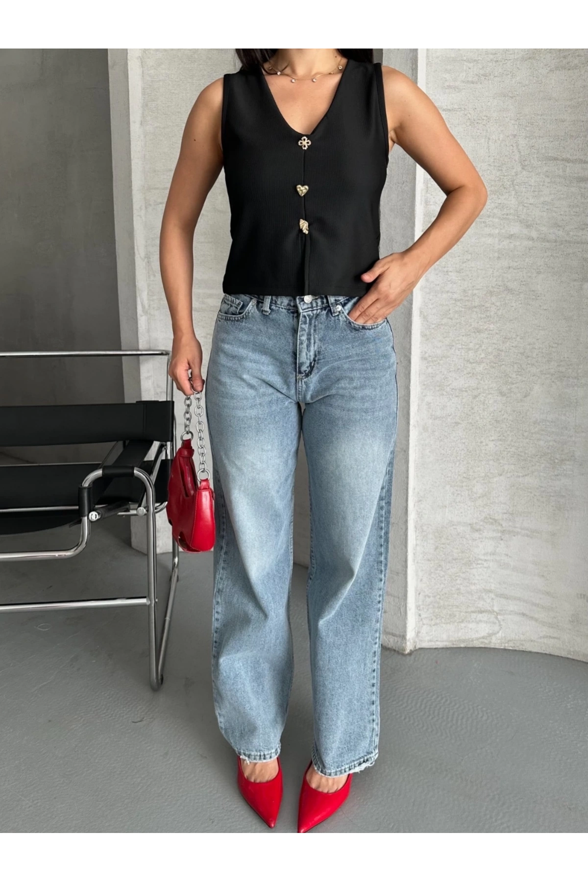 Palazzo straight kar yıkama jeans pantolon mavi d2008