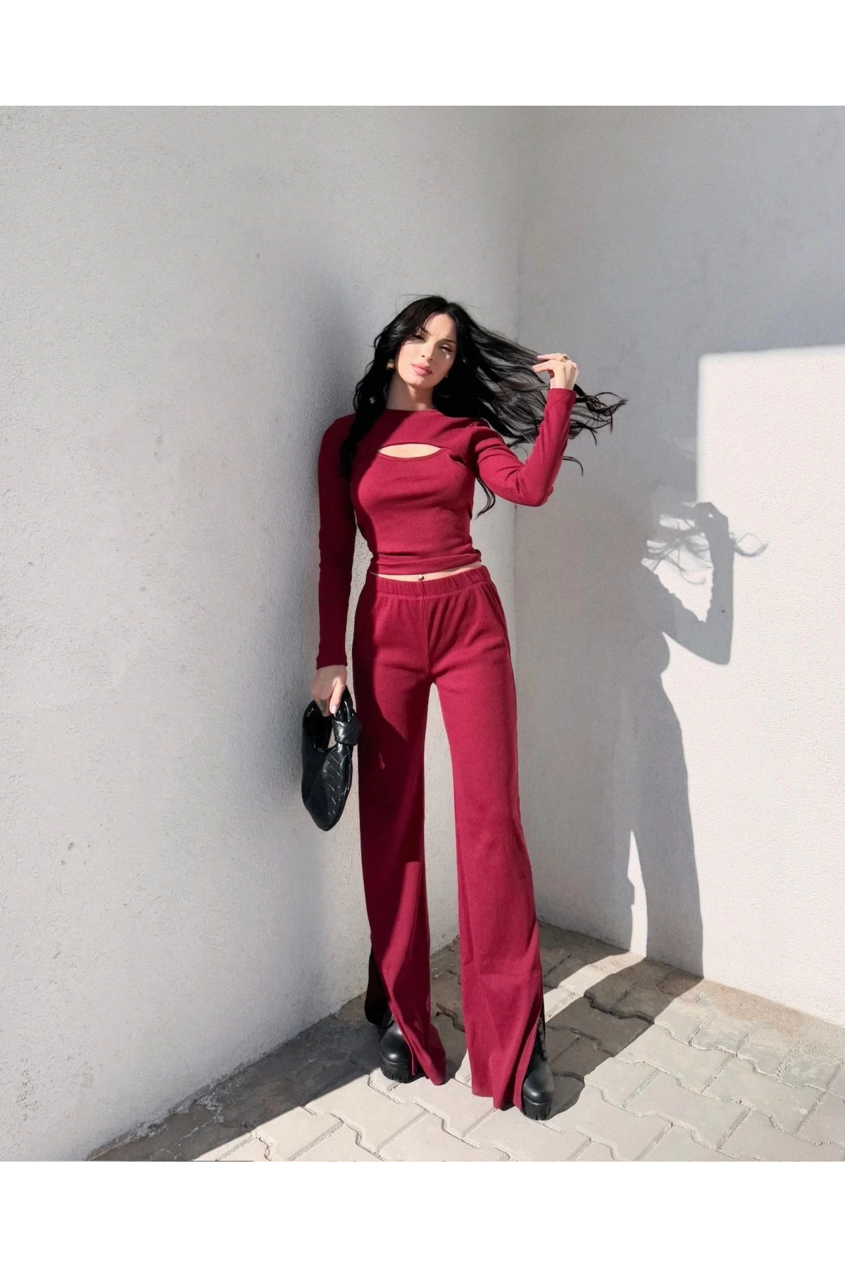 Pencereli detaylı alt üst takım bordo w3864