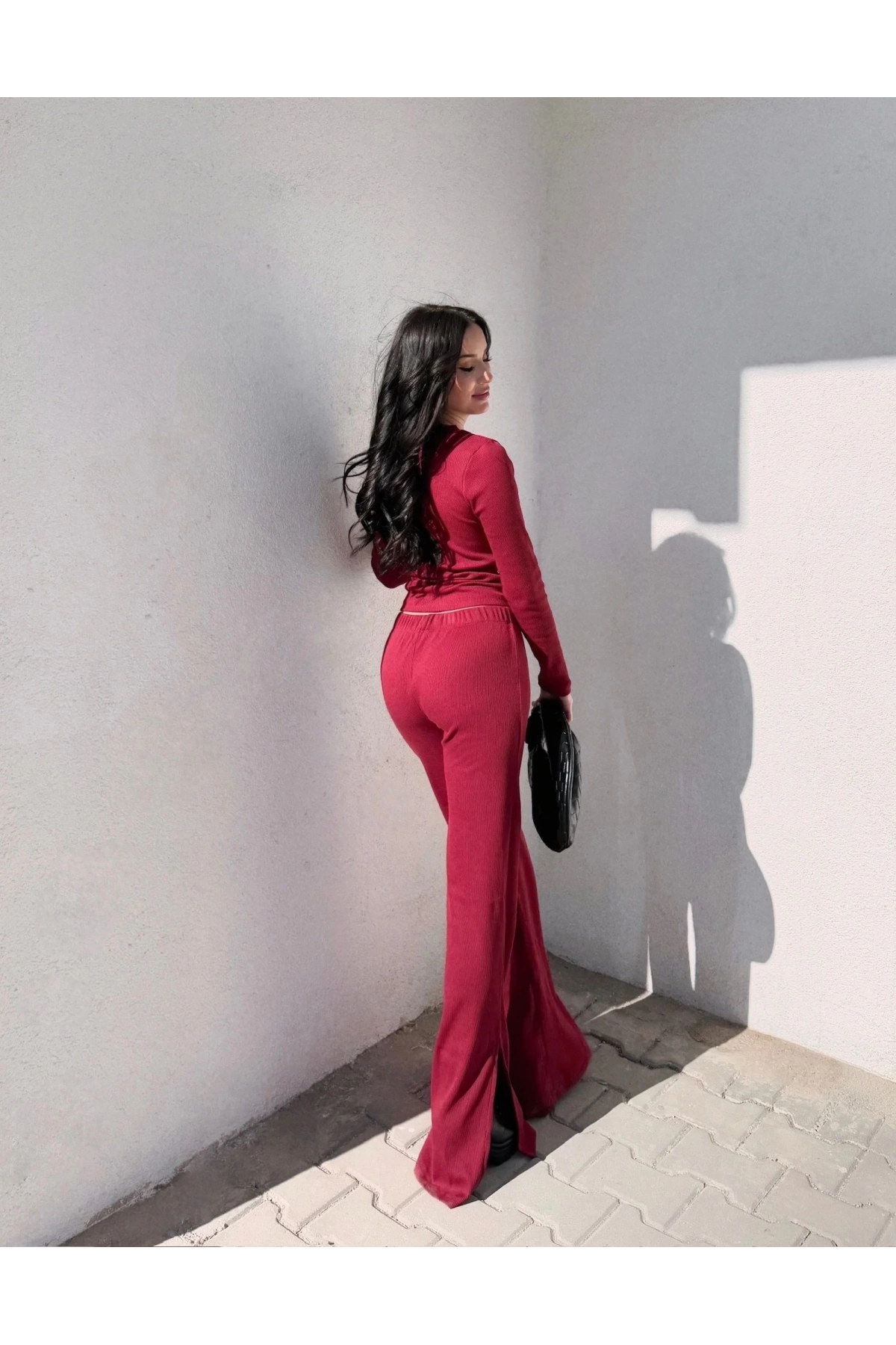 Pencereli detaylı alt üst takım bordo w3864