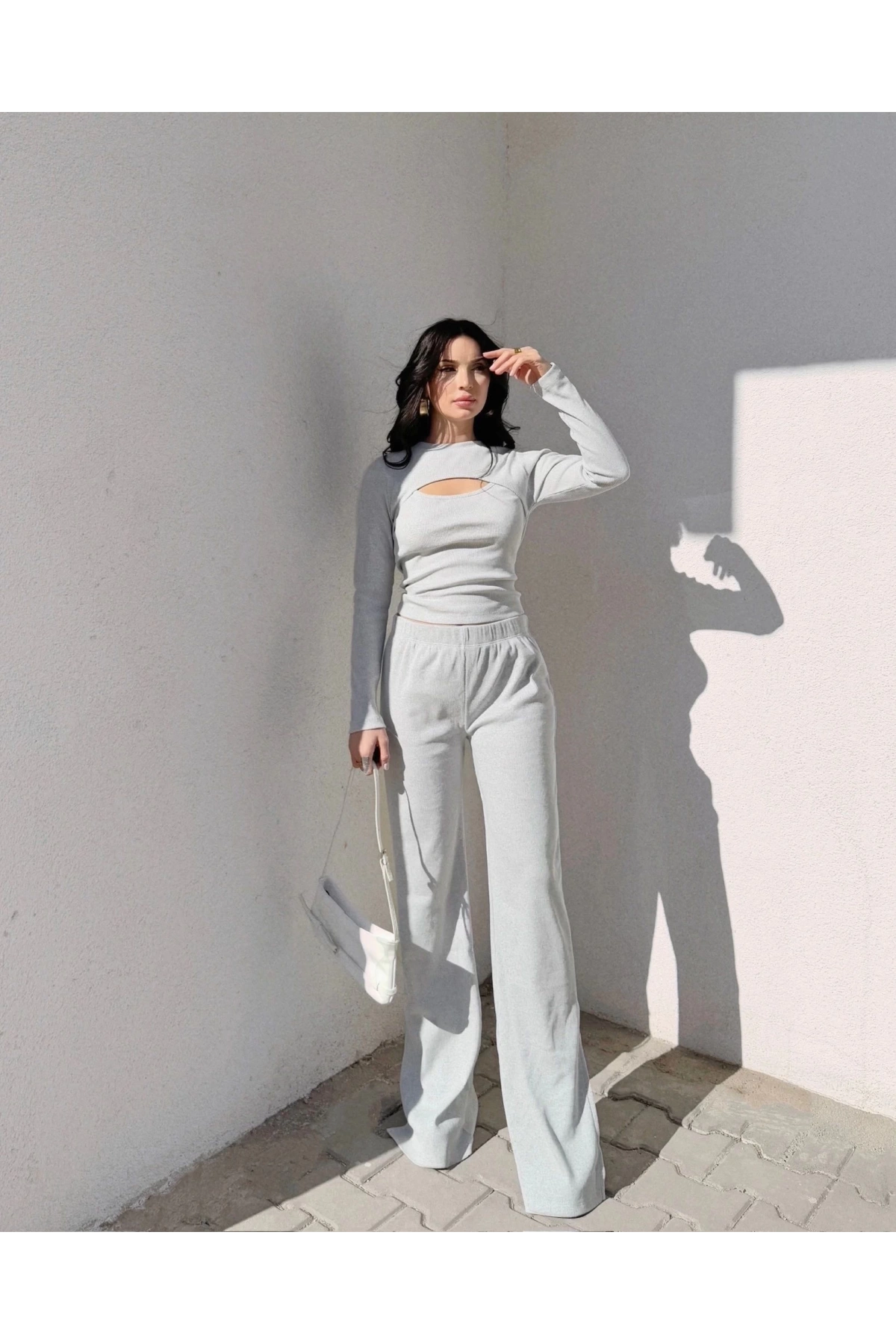 Pencereli detaylı alt üst takım gri w3864