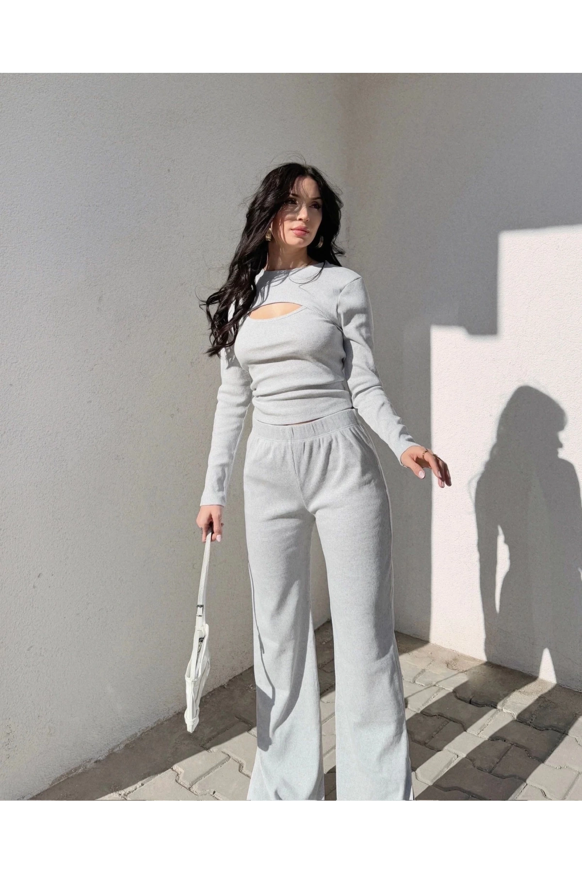 Pencereli detaylı alt üst takım gri w3864