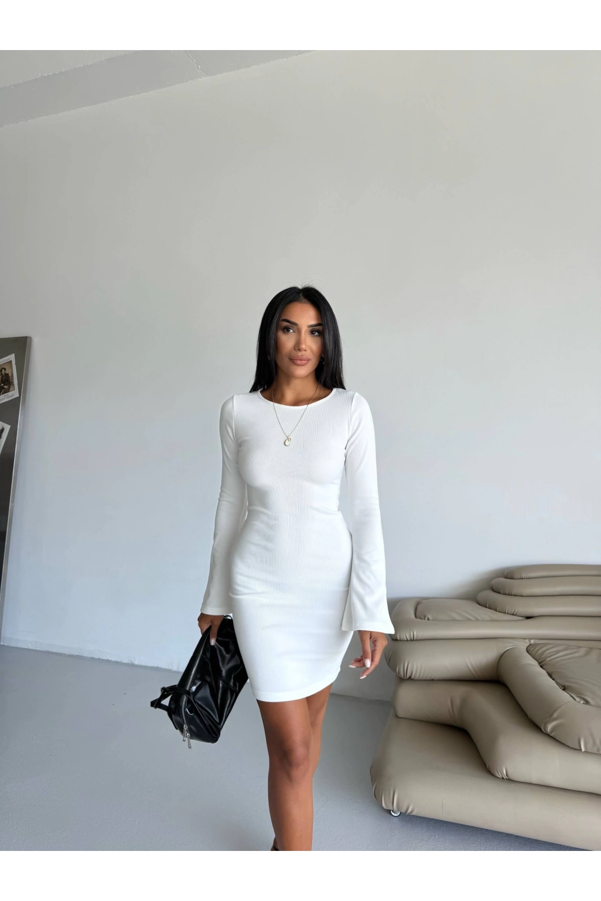 Prenses kol esnek kumaş elbise beyaz f2334