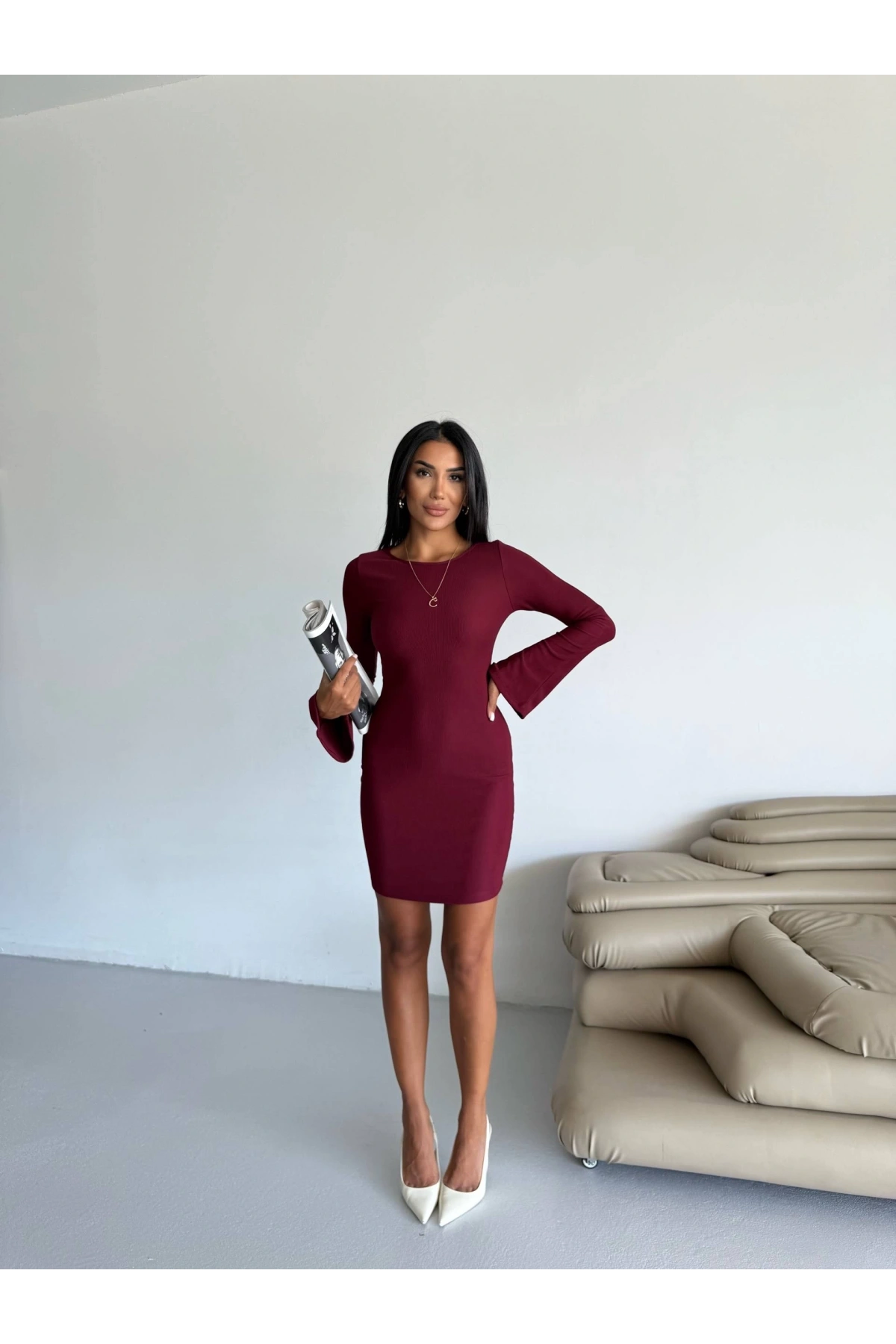 Prenses kol esnek kumaş elbise bordo f2334