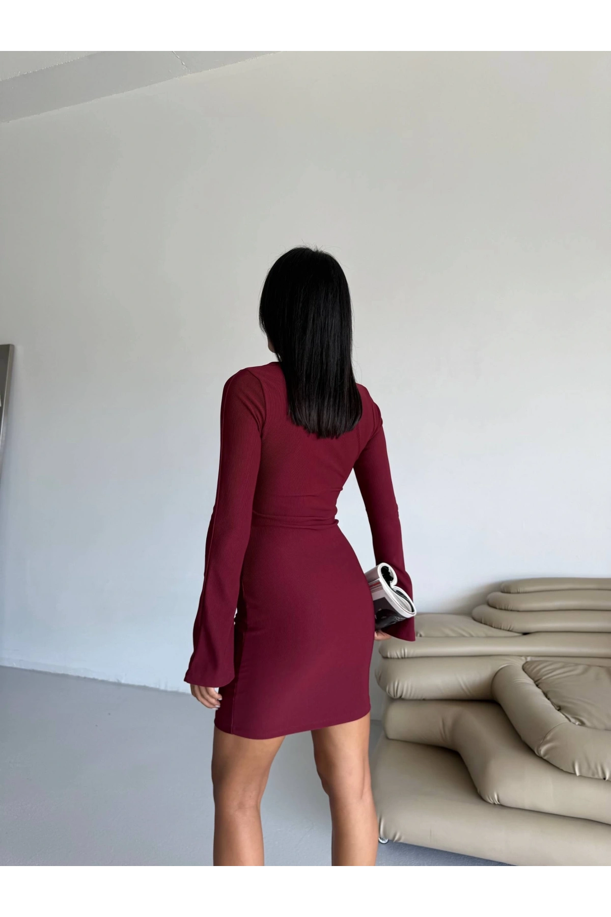 Prenses kol esnek kumaş elbise bordo f2334