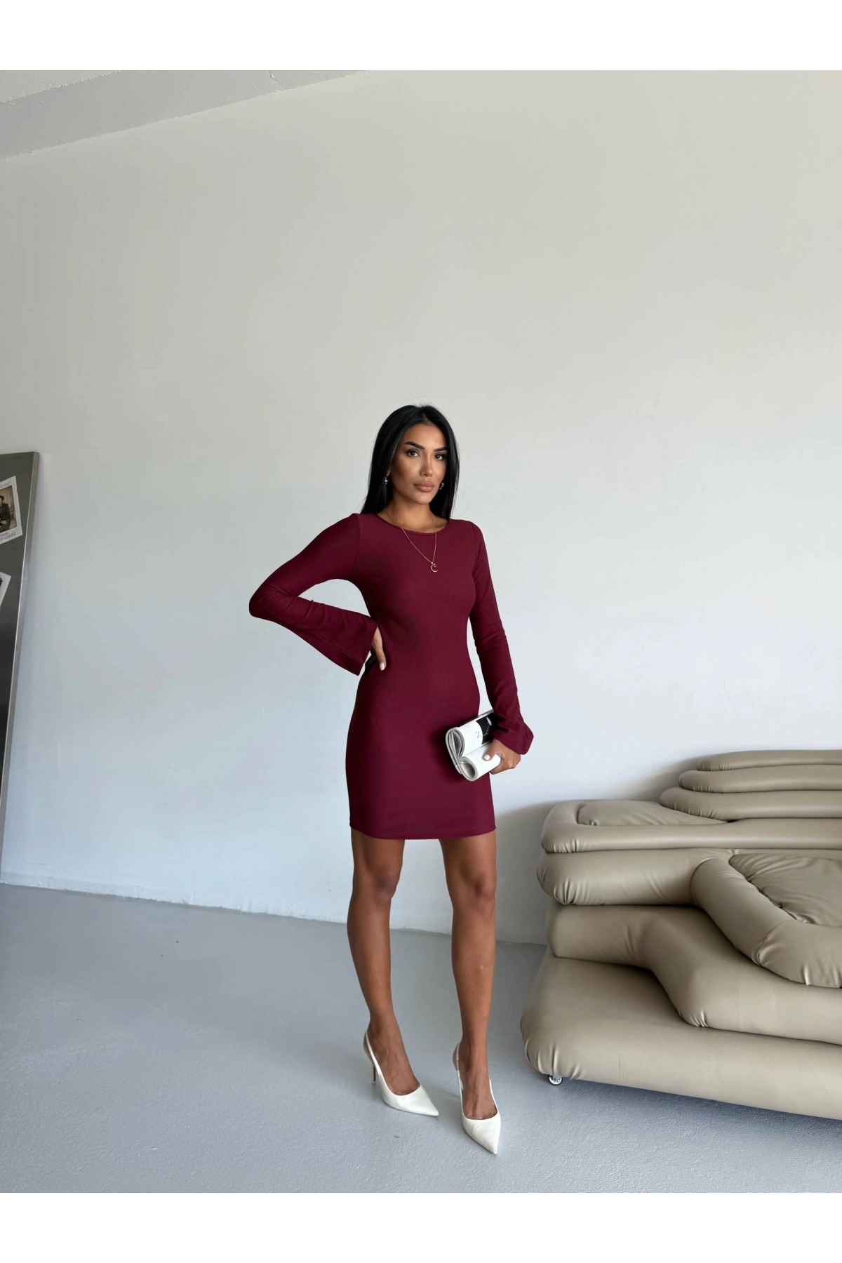 Prenses kol esnek kumaş elbise bordo f2334