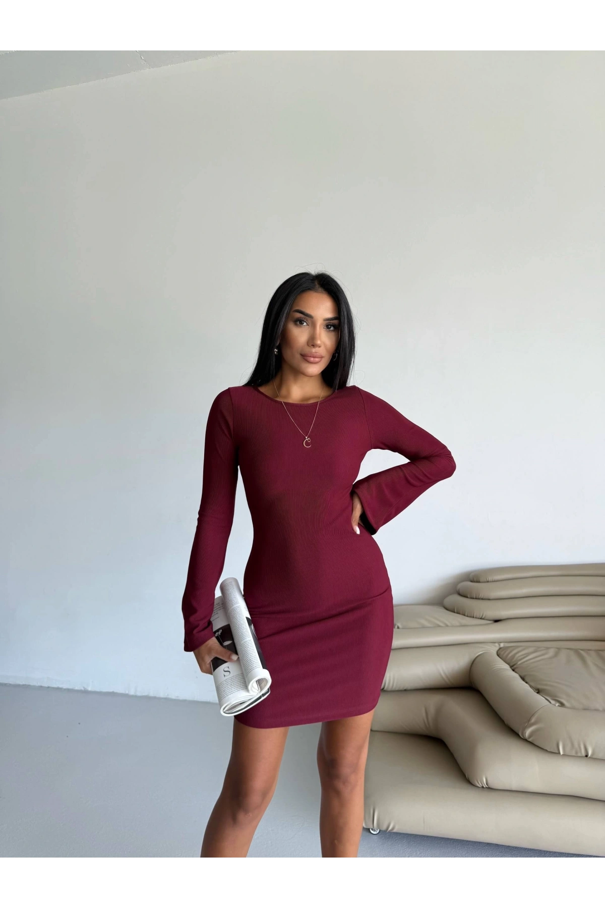 Prenses kol esnek kumaş elbise bordo f2334