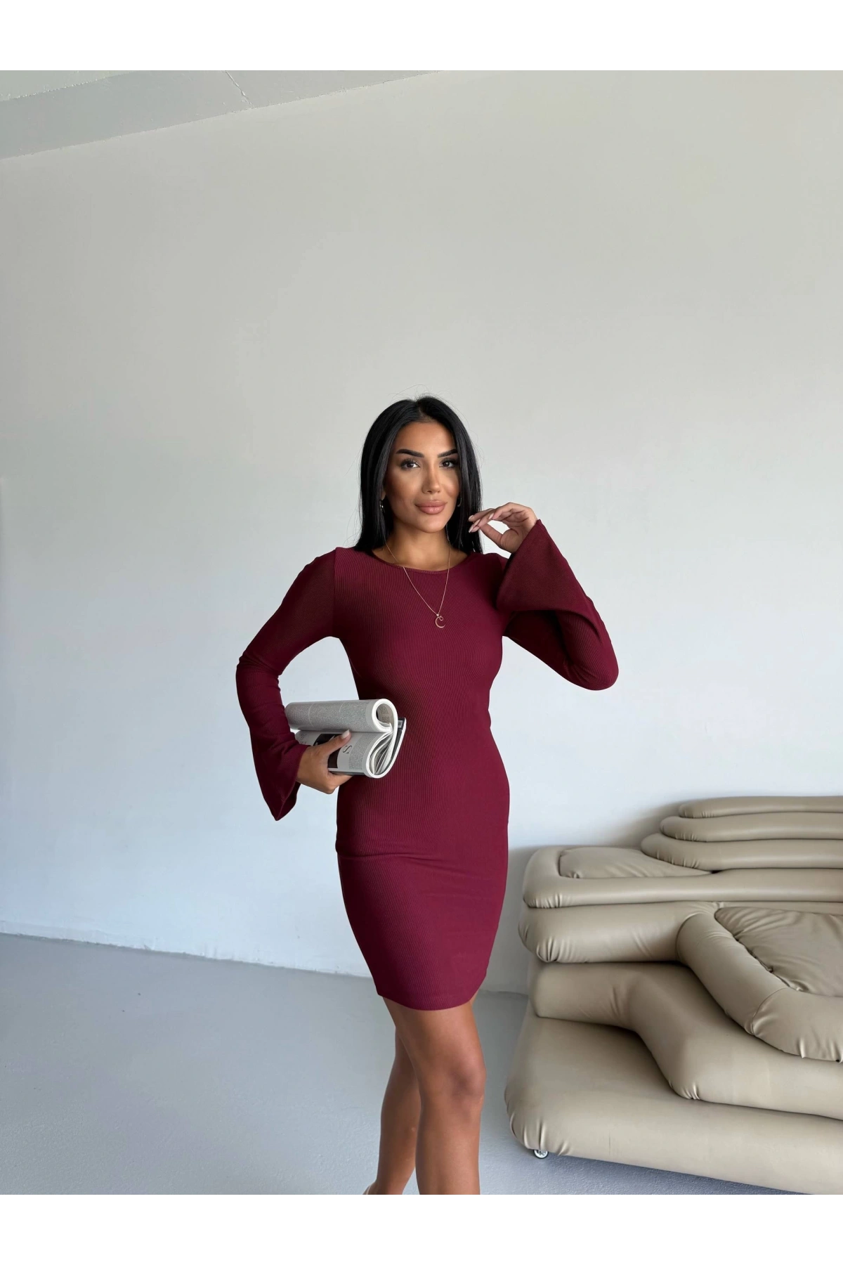 Prenses kol esnek kumaş elbise bordo f2334