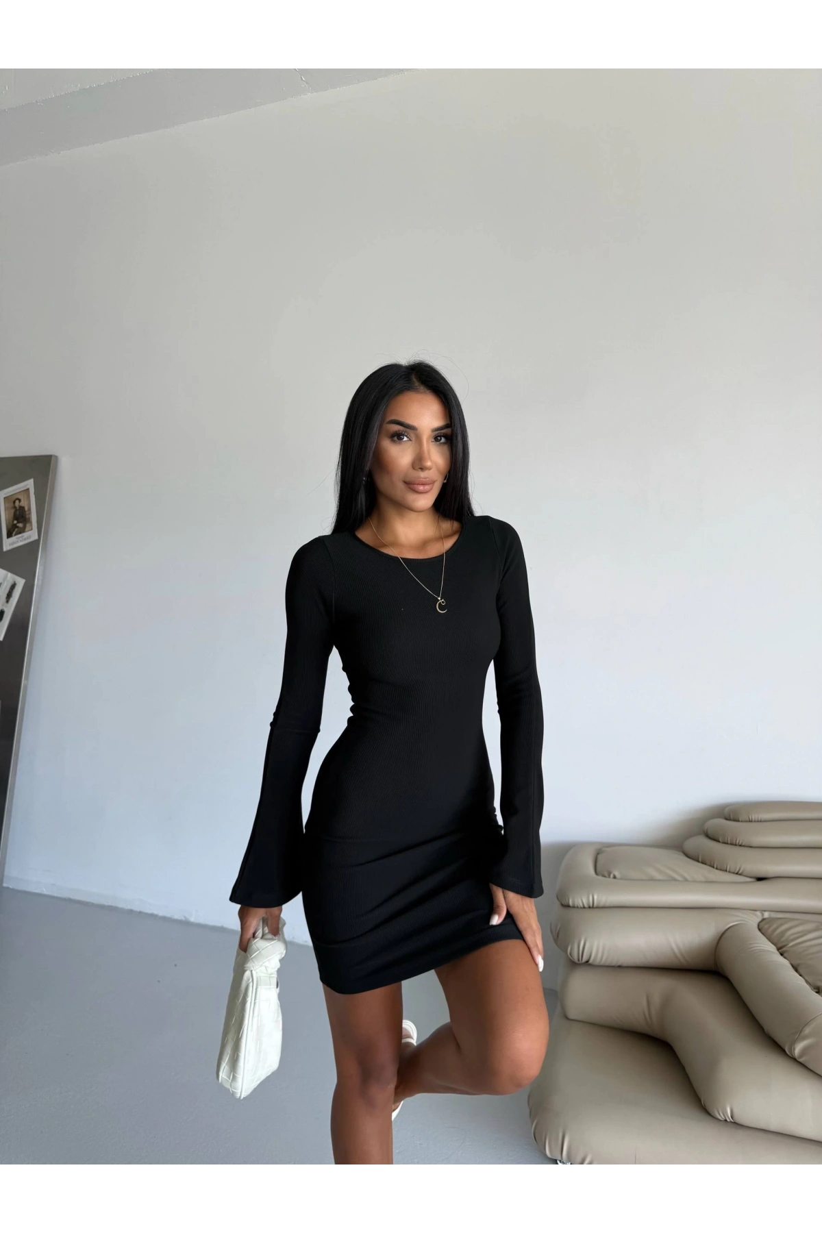 Prenses kol esnek kumaş elbise siyah f2334