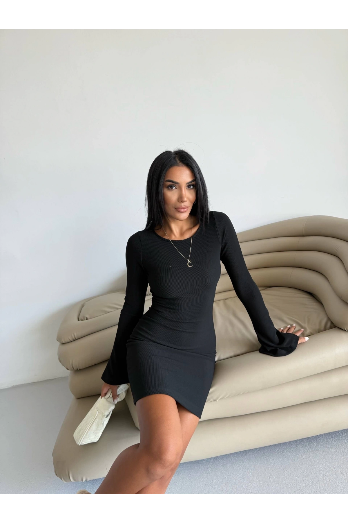 Prenses kol esnek kumaş elbise siyah f2334
