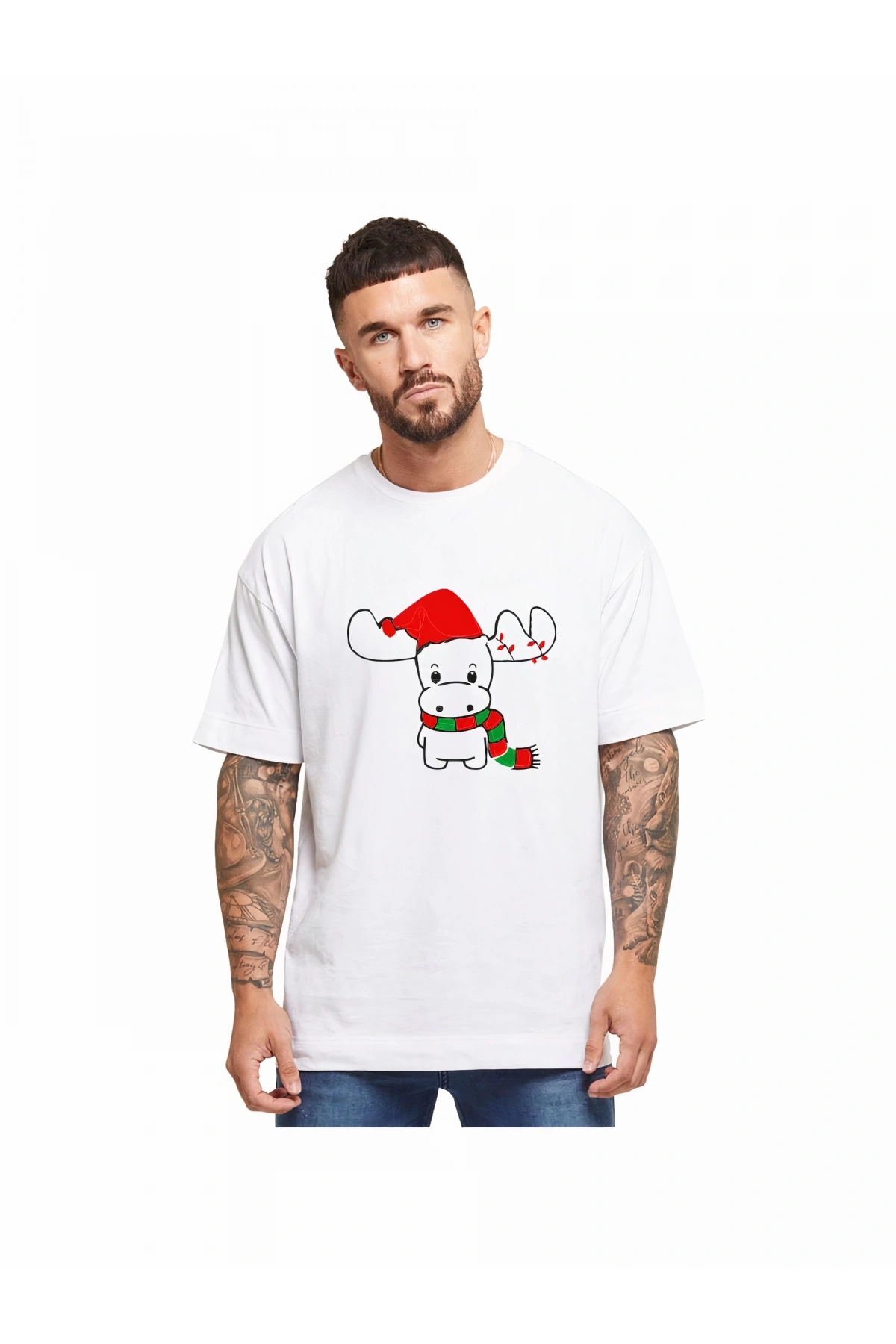 Ren Geyiği baskılı Noel İçin T-shirt - Beyaz