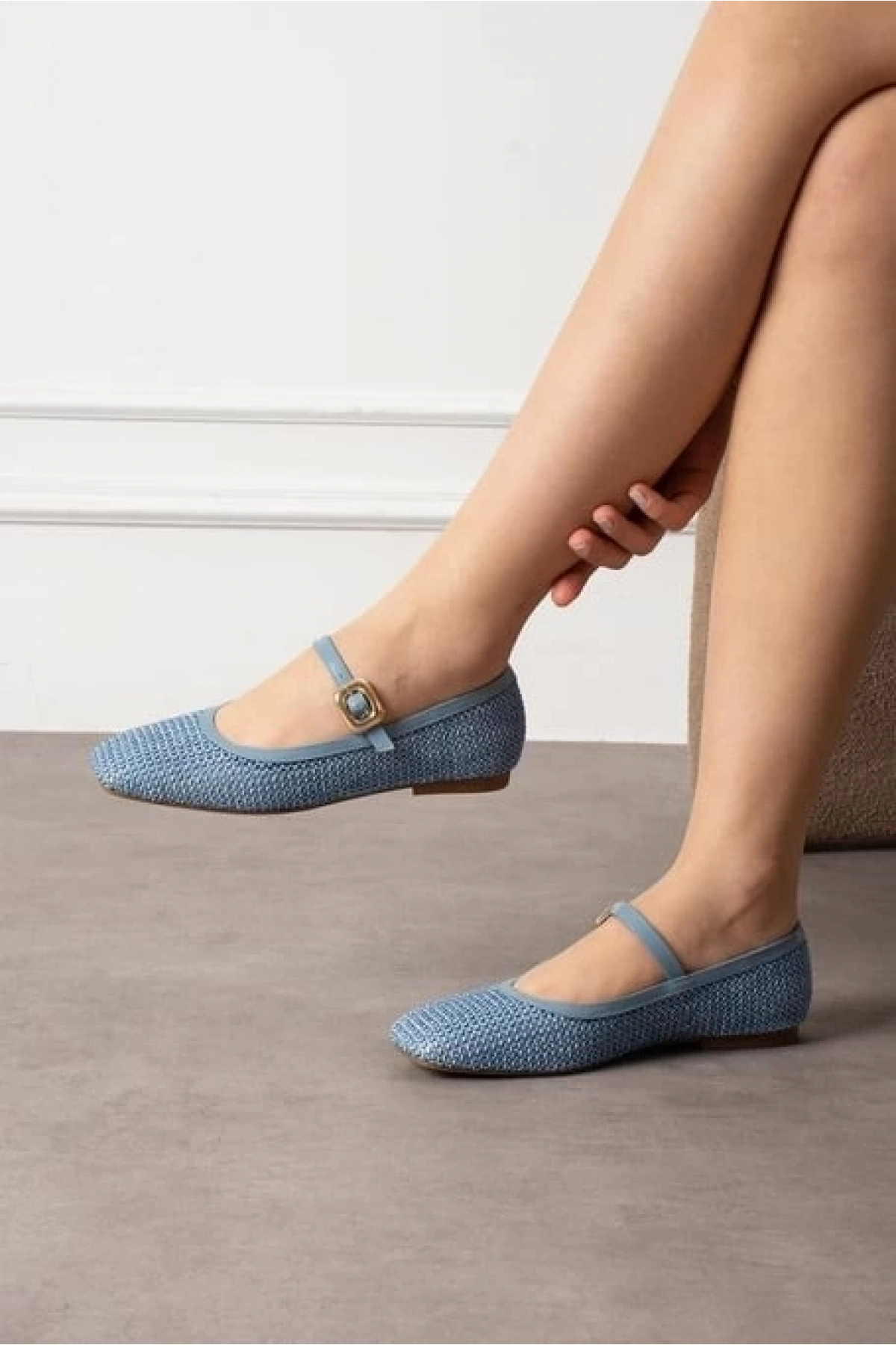 Rives Mavi Cilt Hasır Dokumalı Babet Ayakkabı