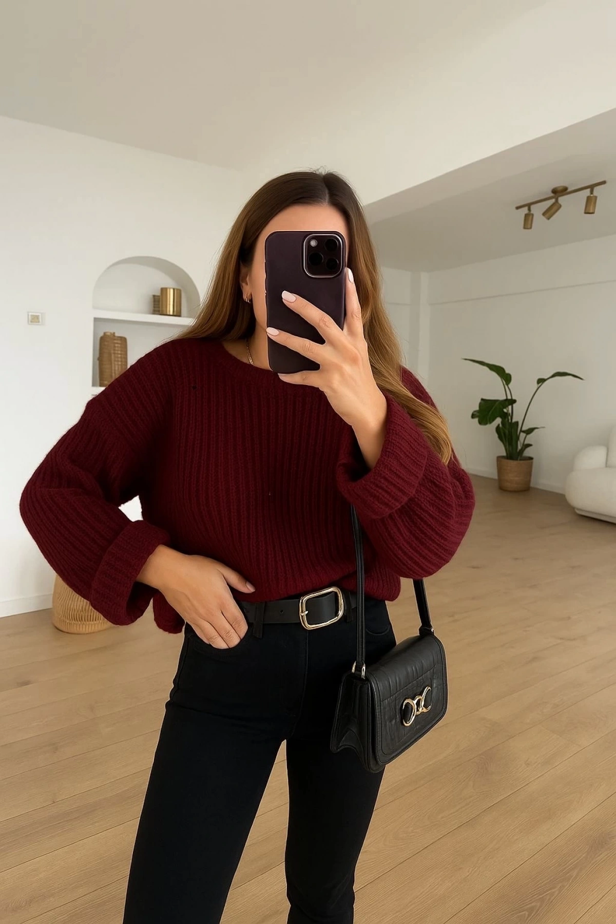 Salaş delik detaylı kazak bordo