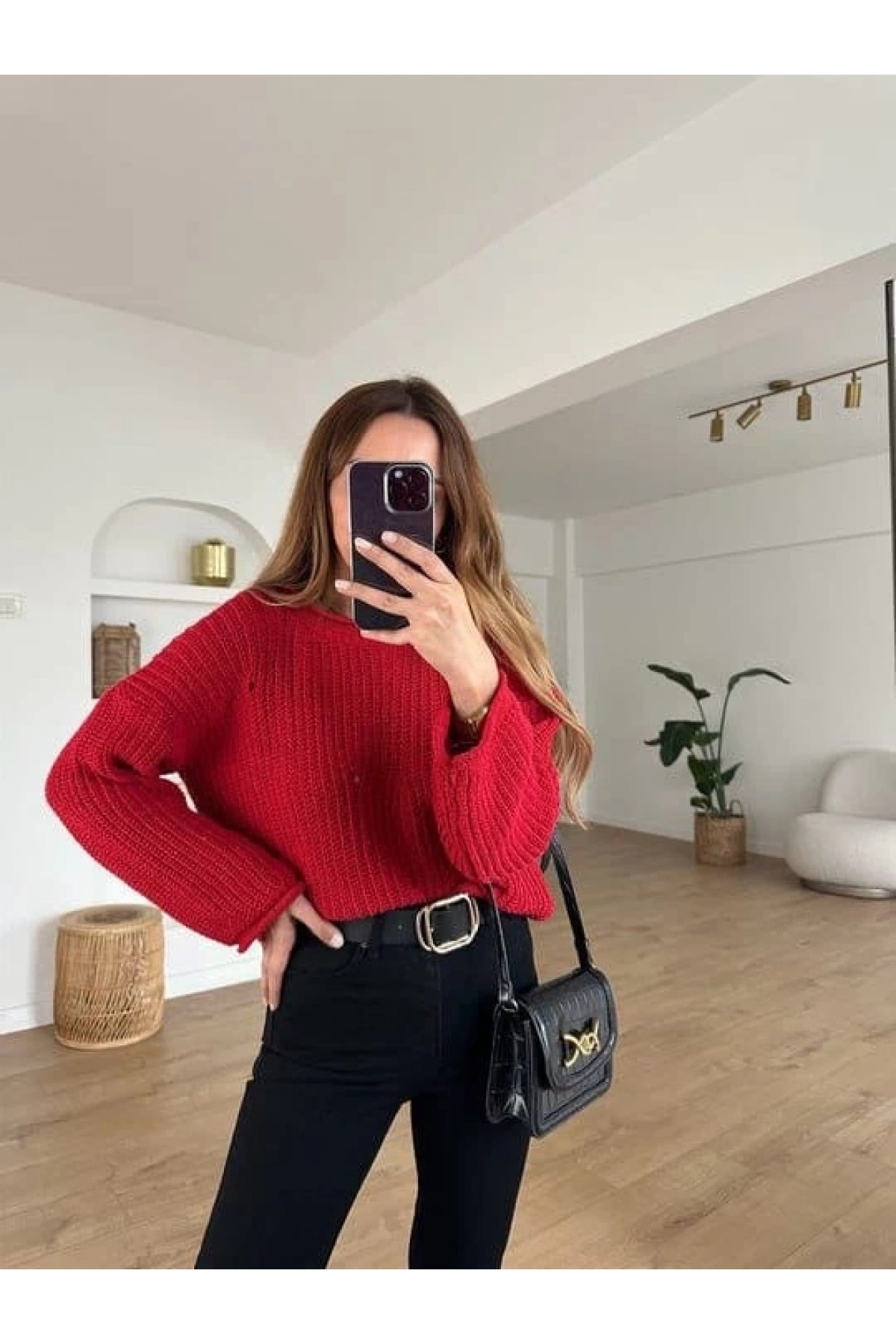 Salaş delik detaylı kazak kırmızı