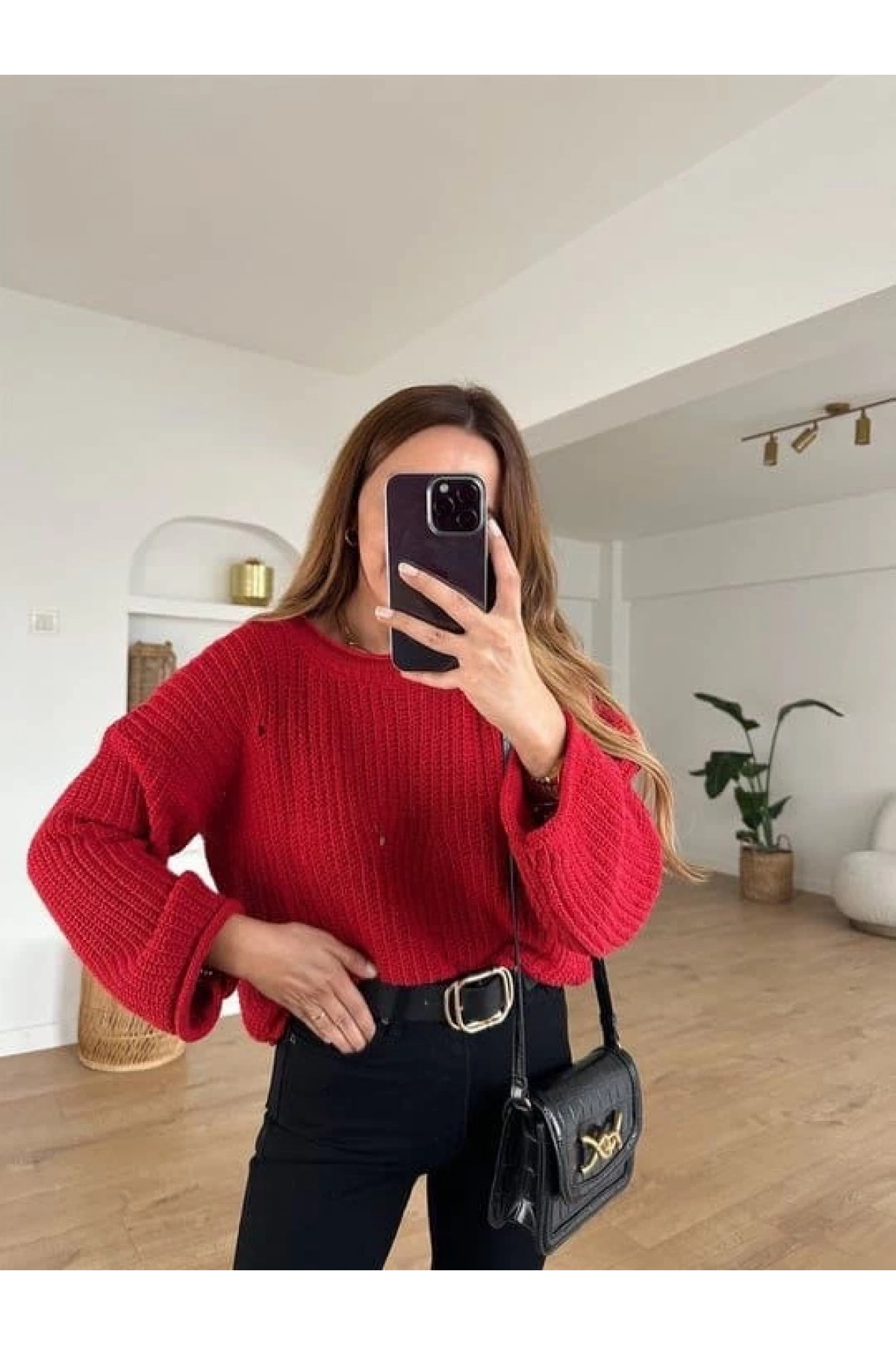 Salaş delik detaylı kazak kırmızı