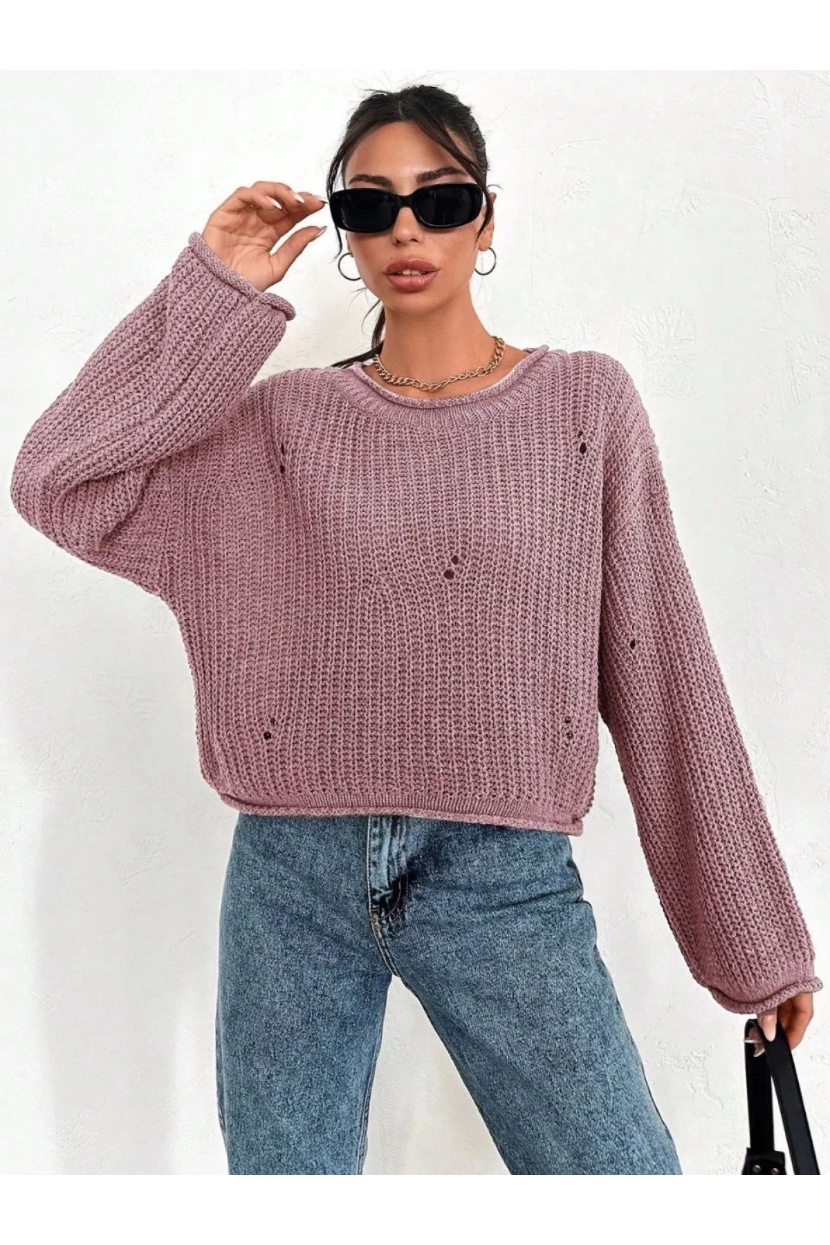 Salaş delik detaylı kazak pembe