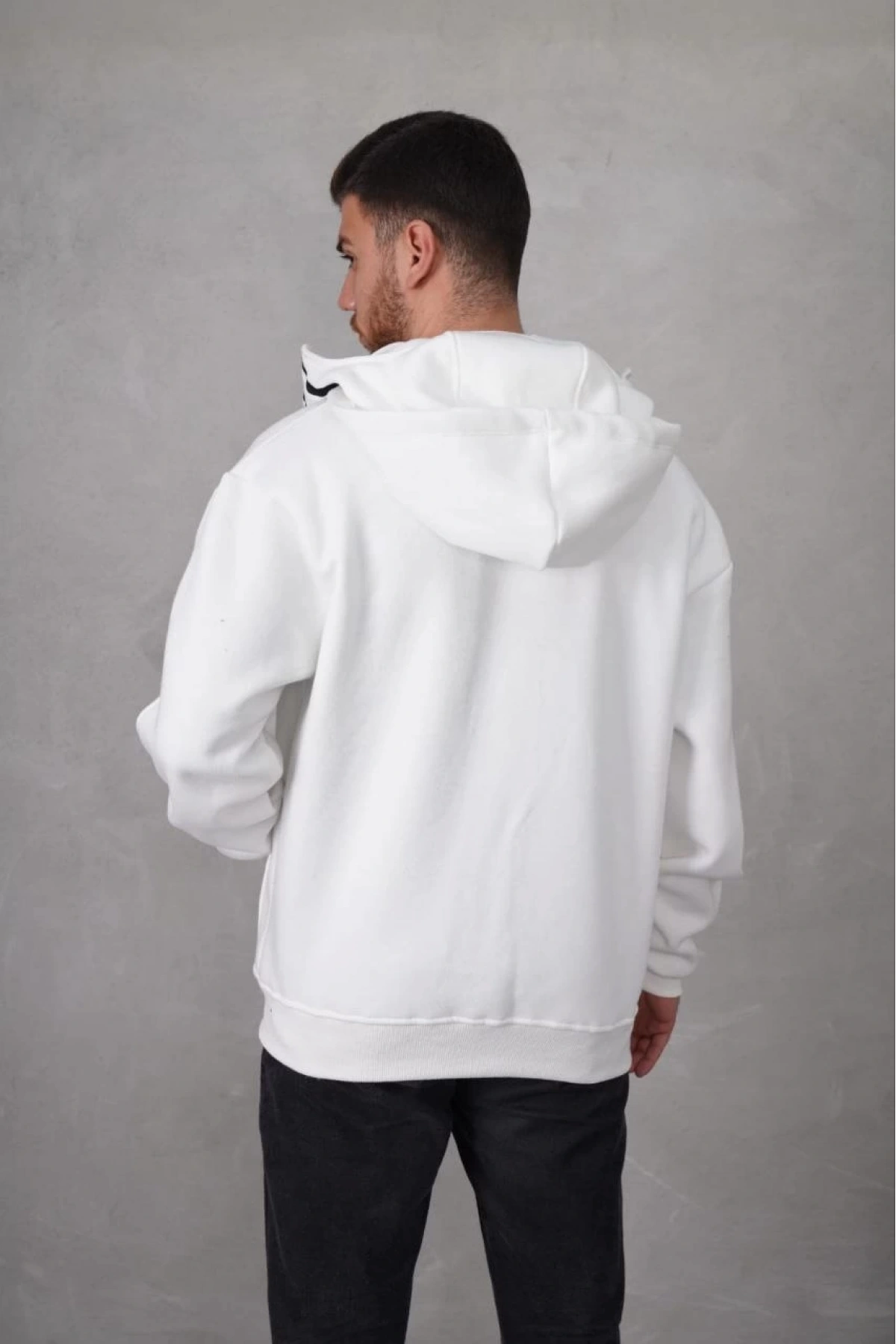 Ninja Çift Kapüşonlu Full Fermuarlı Nakışlı Hoodie - Beyaz