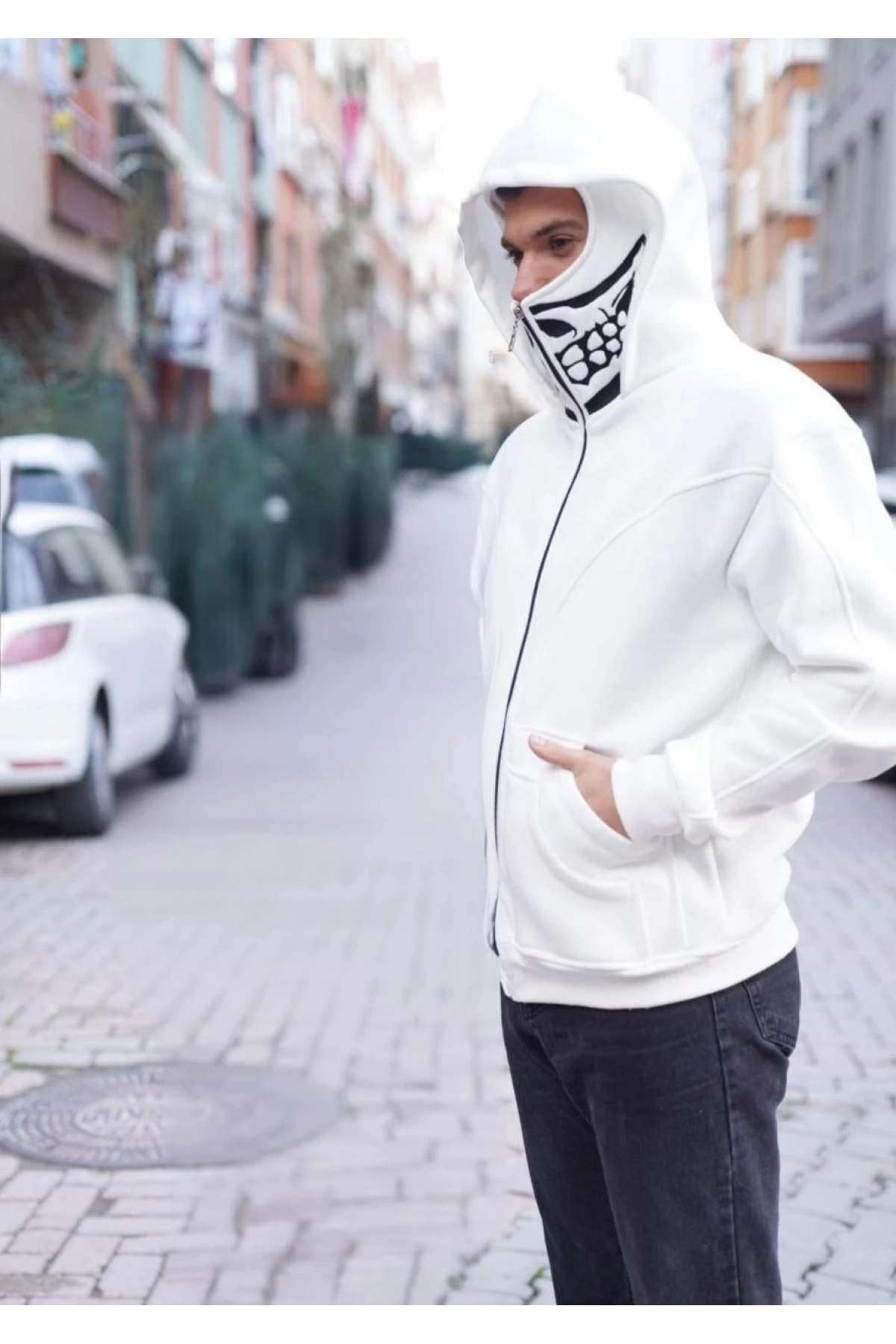 Ninja Çift Kapüşonlu Full Fermuarlı Nakışlı Hoodie - Beyaz