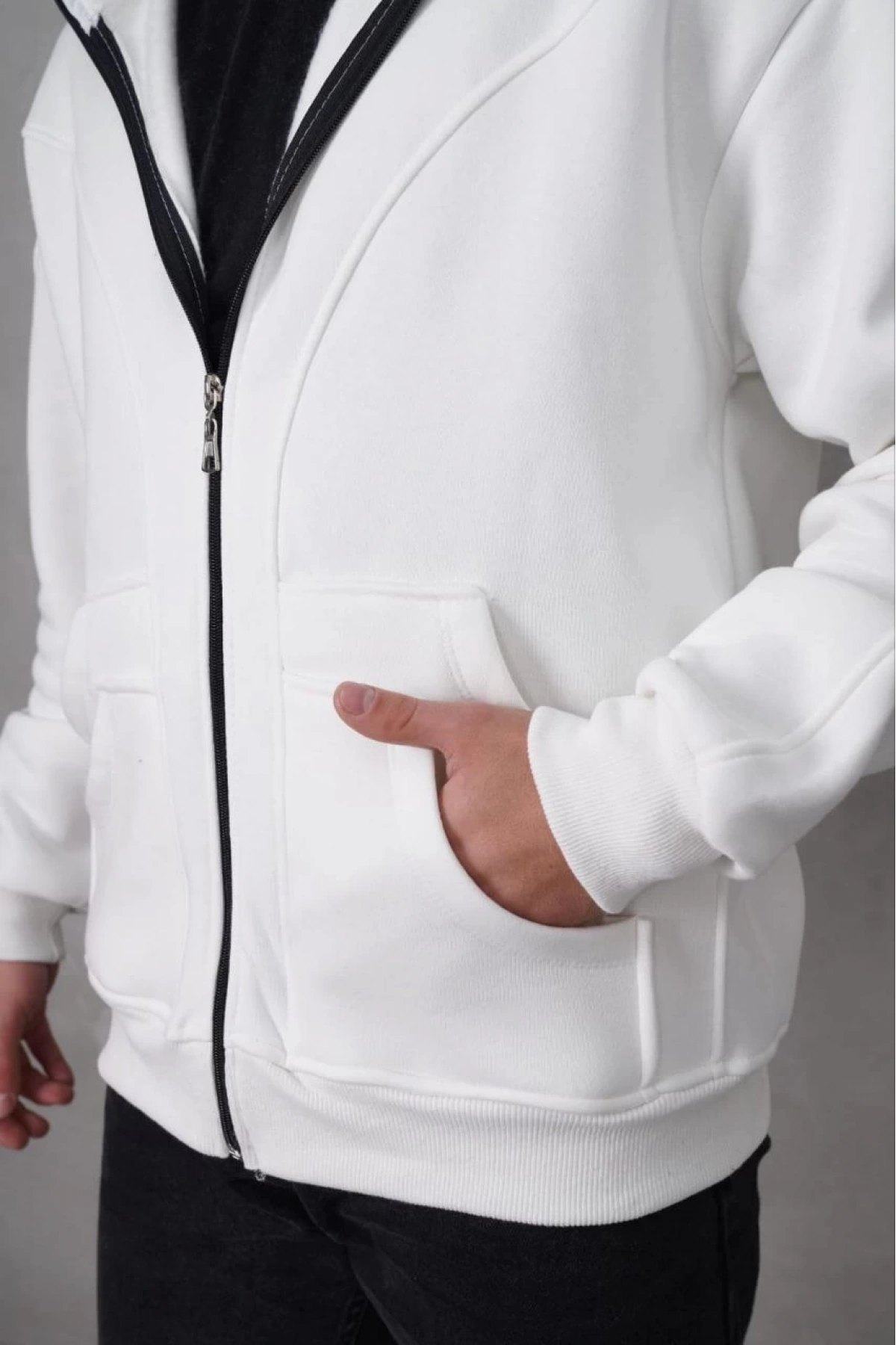 Ninja Çift Kapüşonlu Full Fermuarlı Nakışlı Hoodie - Beyaz