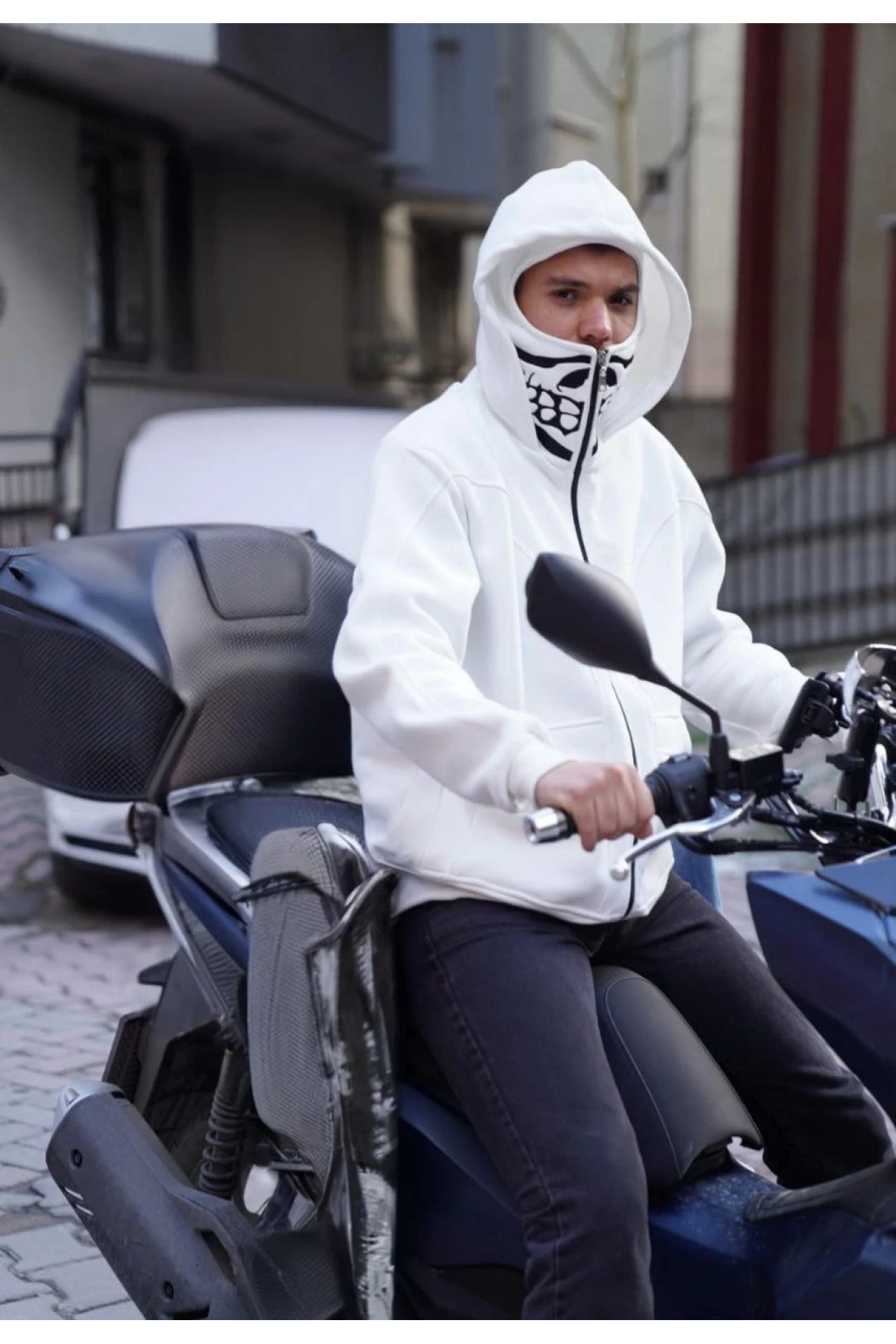 Ninja Çift Kapüşonlu Full Fermuarlı Nakışlı Hoodie - Beyaz