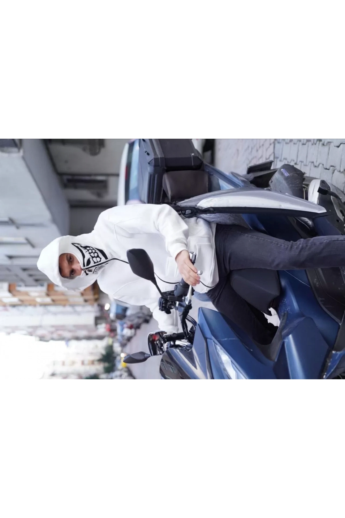 Ninja Çift Kapüşonlu Full Fermuarlı Nakışlı Hoodie - Beyaz