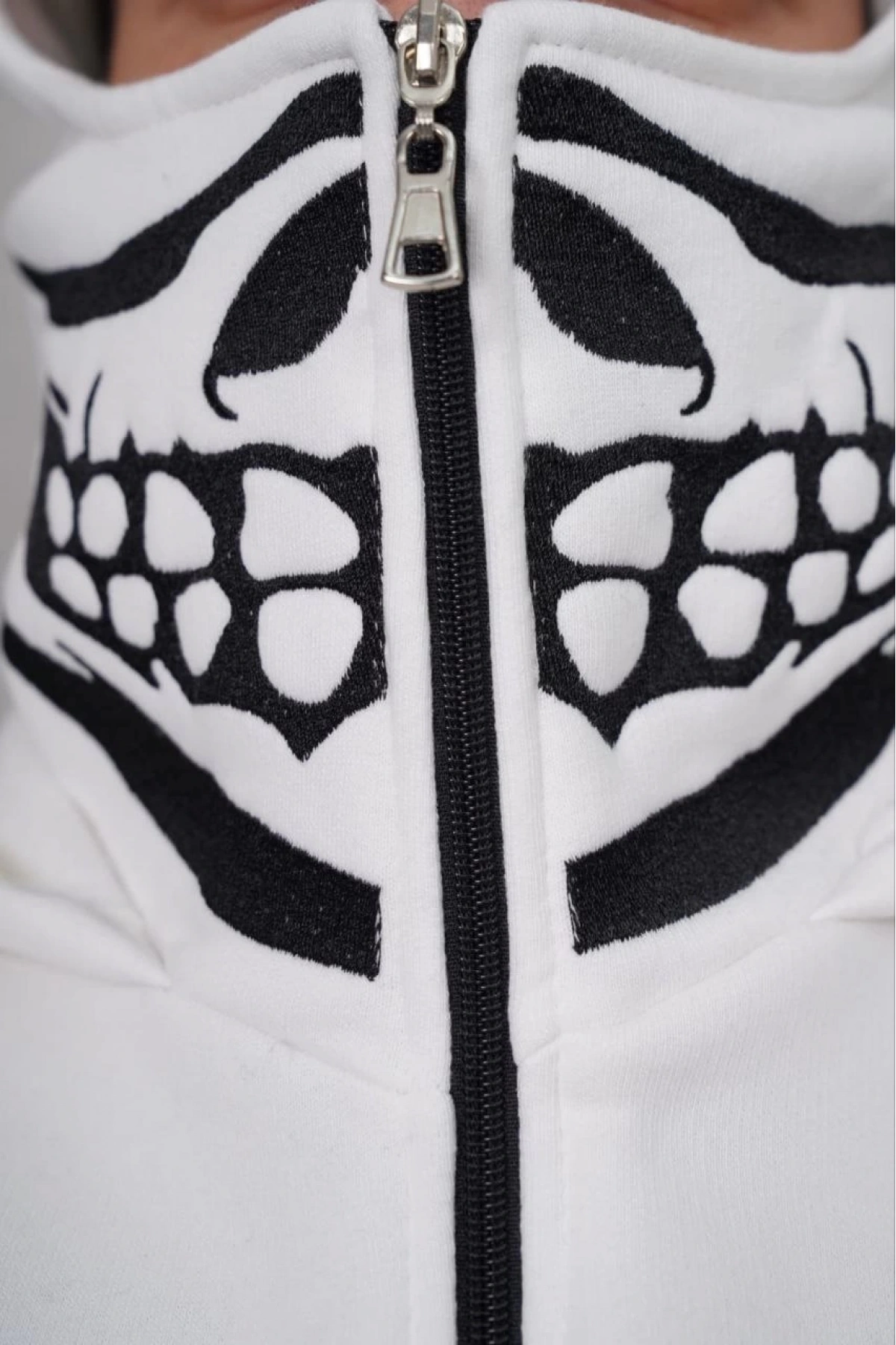 Ninja Çift Kapüşonlu Full Fermuarlı Nakışlı Hoodie - Beyaz