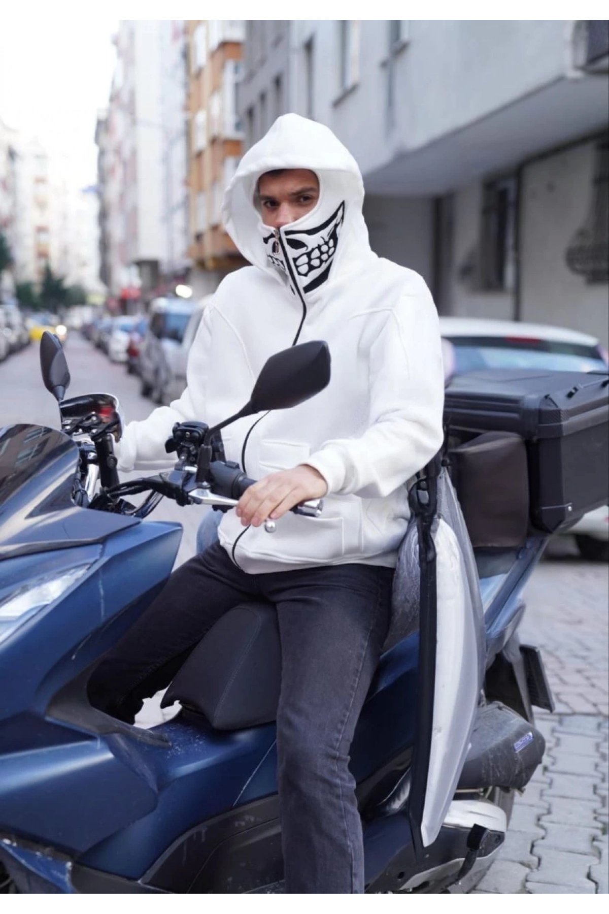 Ninja Çift Kapüşonlu Full Fermuarlı Nakışlı Hoodie - Beyaz