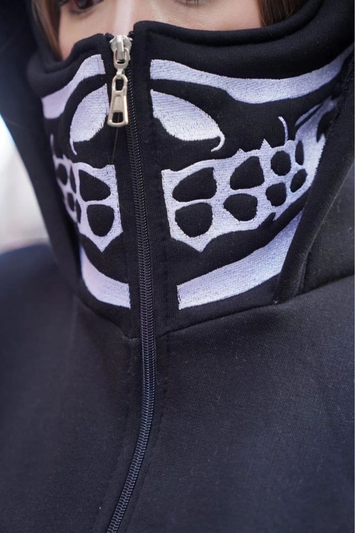 Ninja Çift Kapüşonlu Full Fermuarlı Nakışlı Hoodie - Siyah