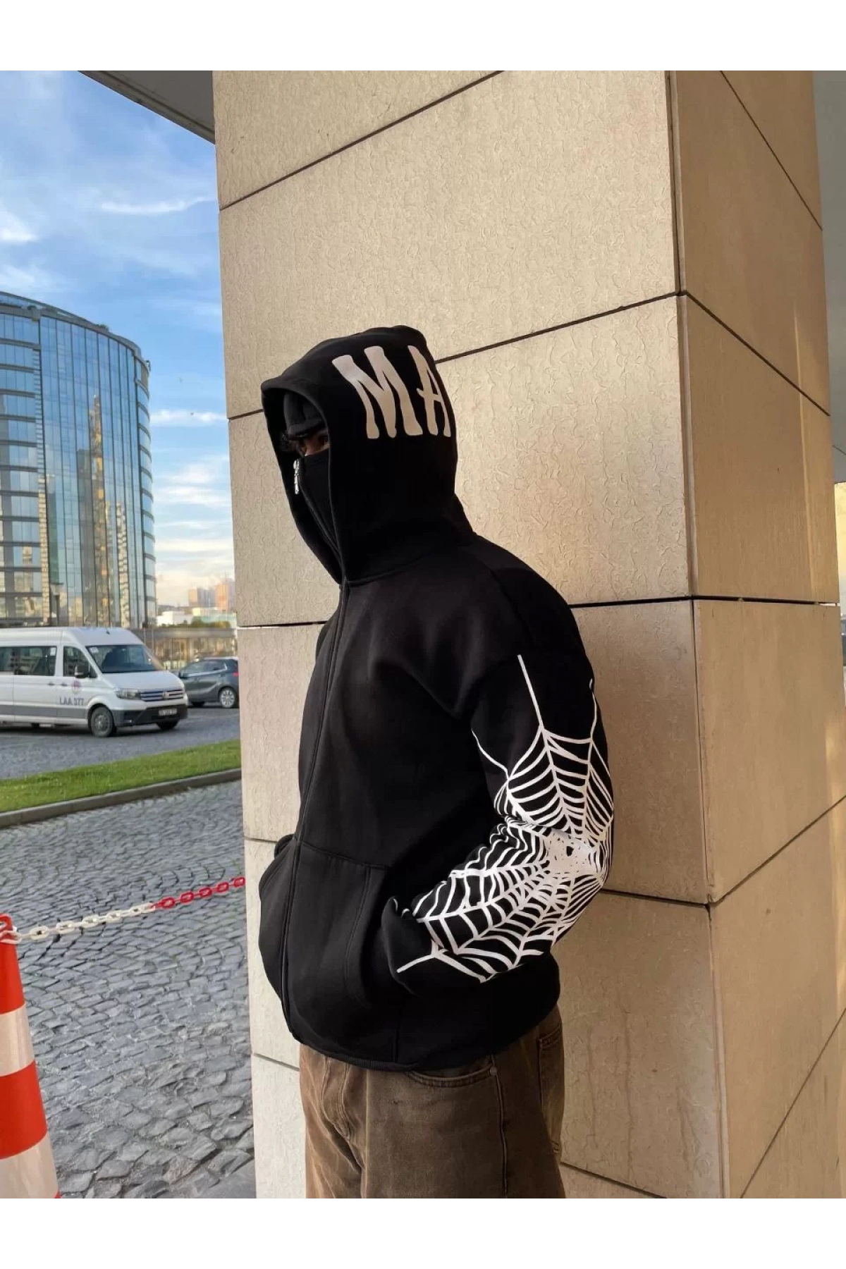 Ninja Çift Kapüşonlu Full Fermuarlı Örümcek Baskılı Hoodie- Siyah