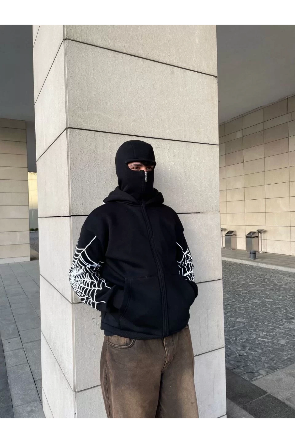 Ninja Çift Kapüşonlu Full Fermuarlı Örümcek Baskılı Hoodie- Siyah