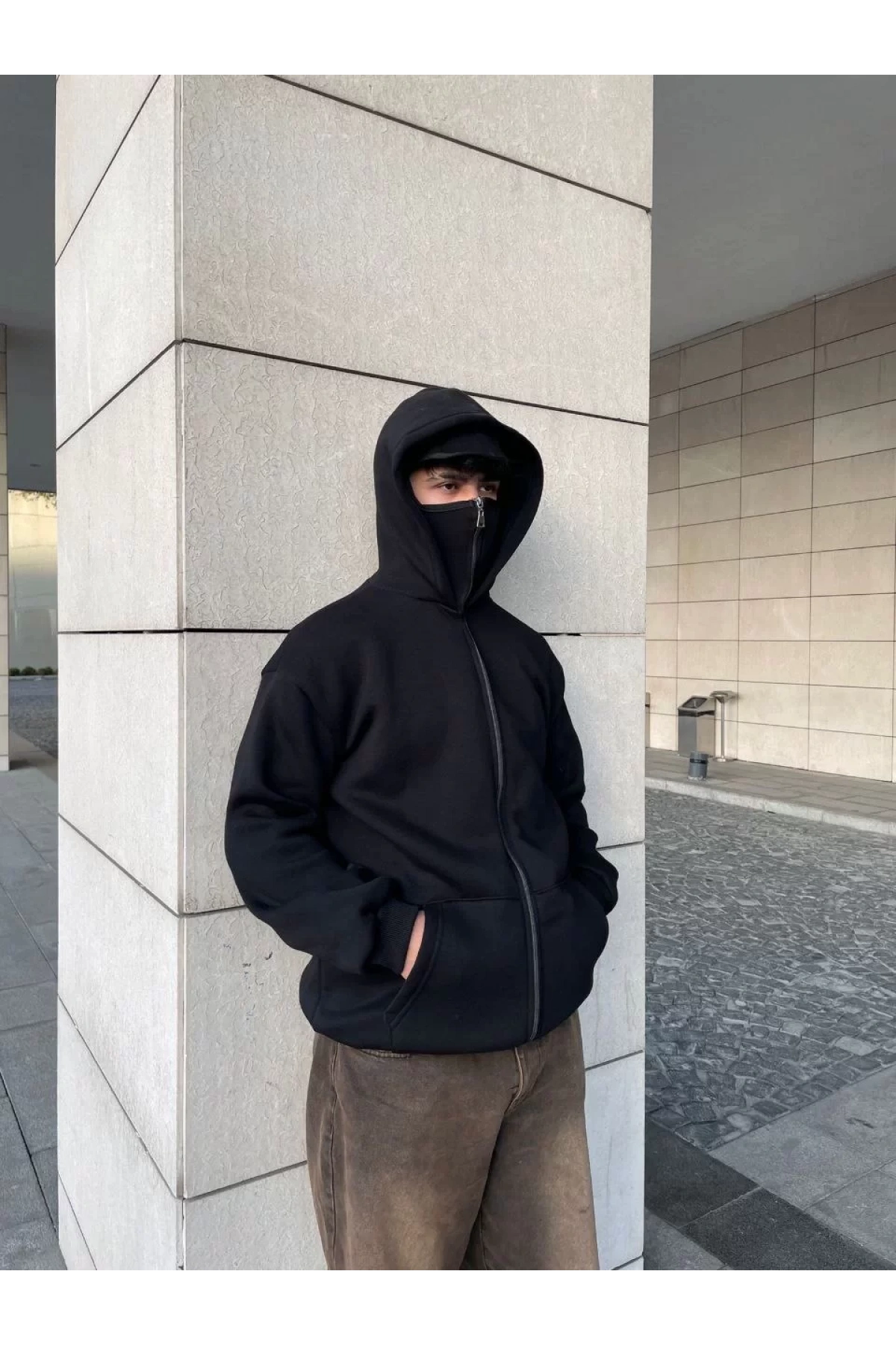 Samuray Kapüşonlu ZIP Fermuarlı Kapüşonlu SweatShirt - Siyah