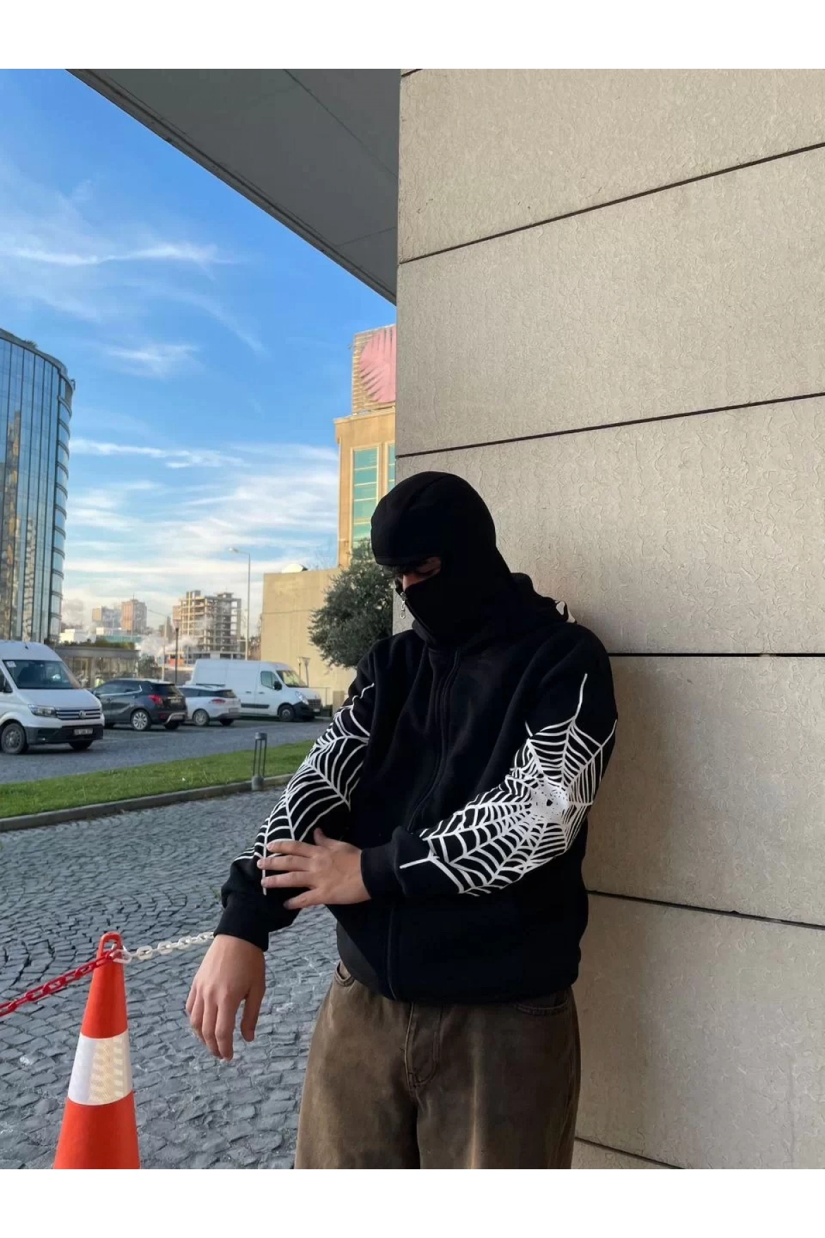 Ninja Çift Kapüşonlu Full Fermuarlı Örümcek Baskılı Hoodie- Siyah
