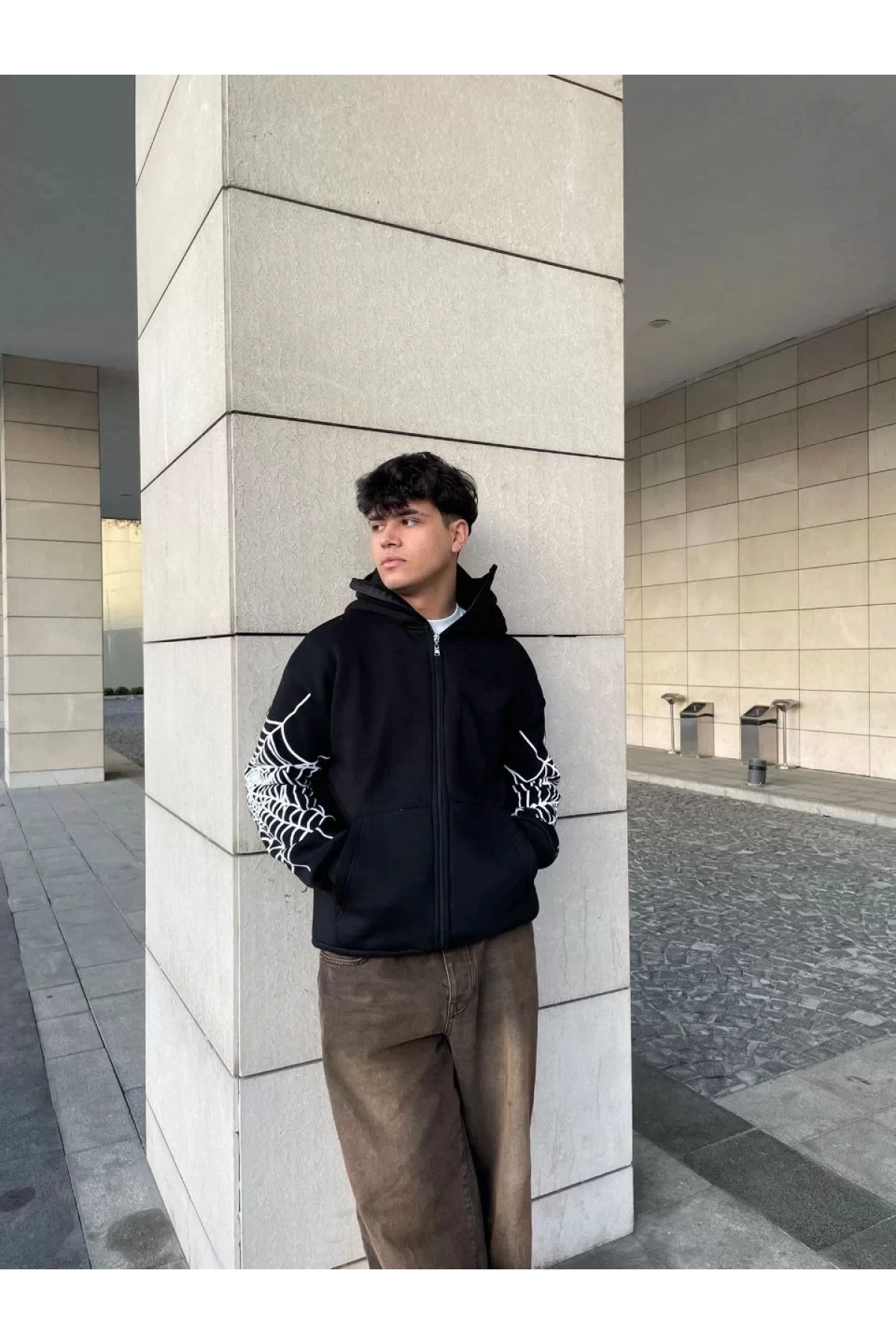 Ninja Çift Kapüşonlu Full Fermuarlı Örümcek Baskılı Hoodie- Siyah