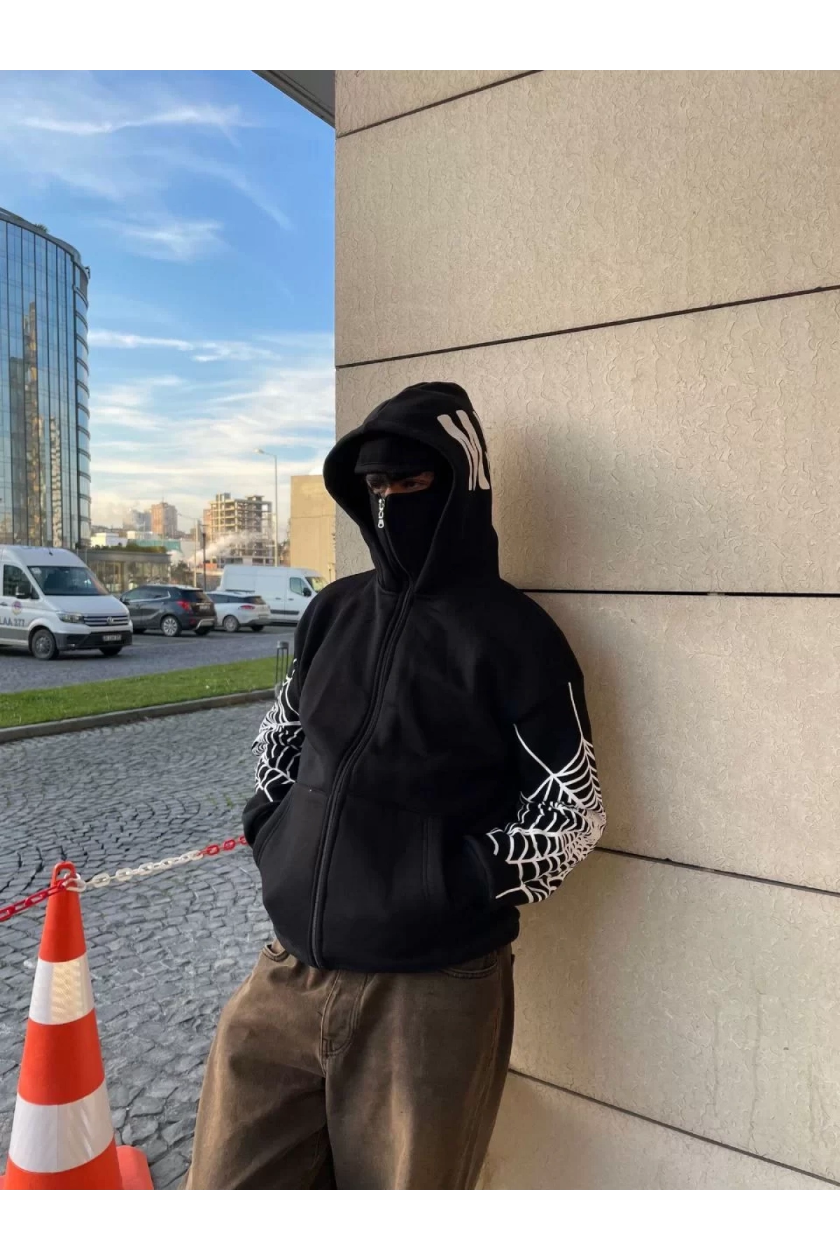 Ninja Çift Kapüşonlu Full Fermuarlı Örümcek Baskılı Hoodie- Siyah