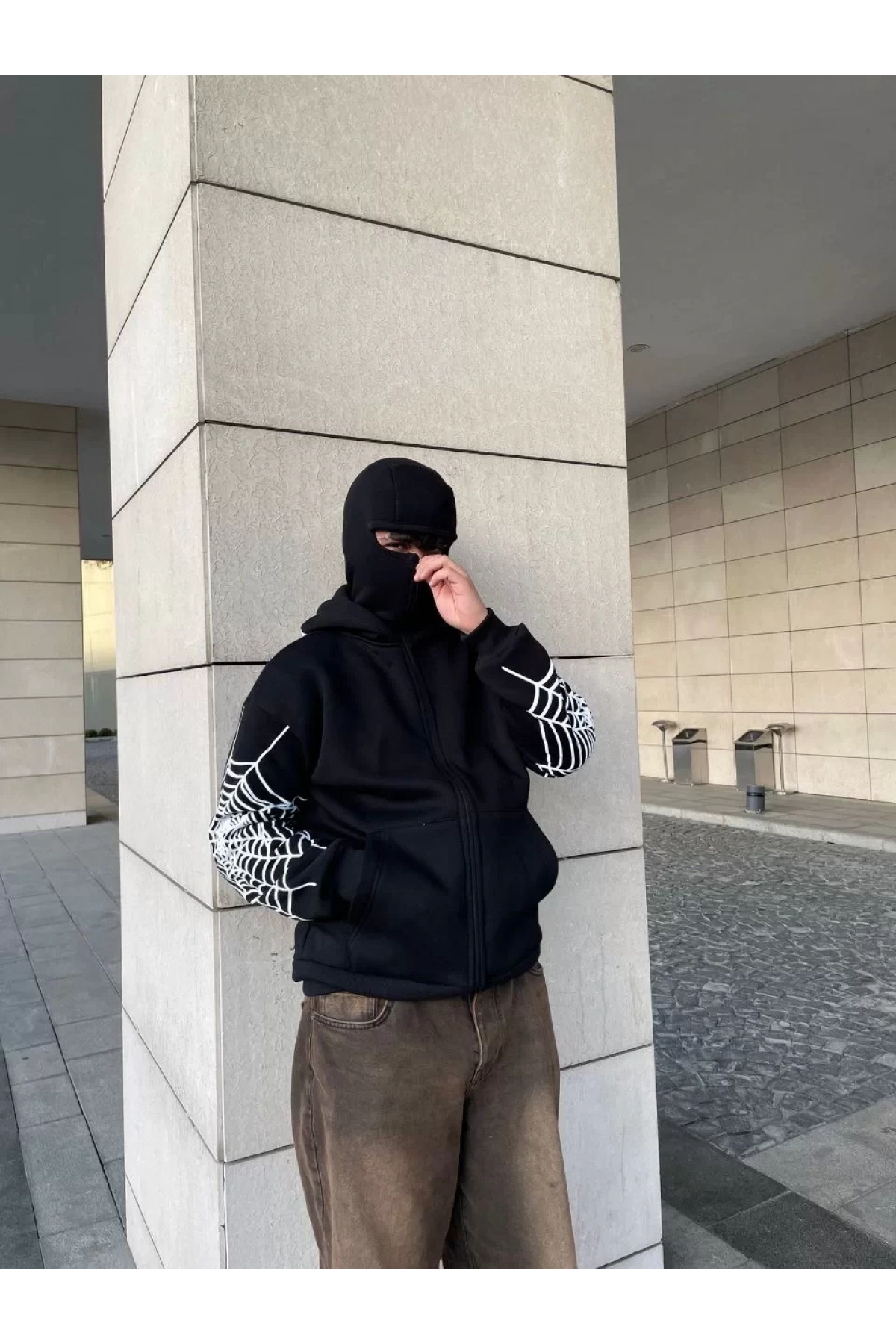 Ninja Çift Kapüşonlu Full Fermuarlı Örümcek Baskılı Hoodie- Siyah