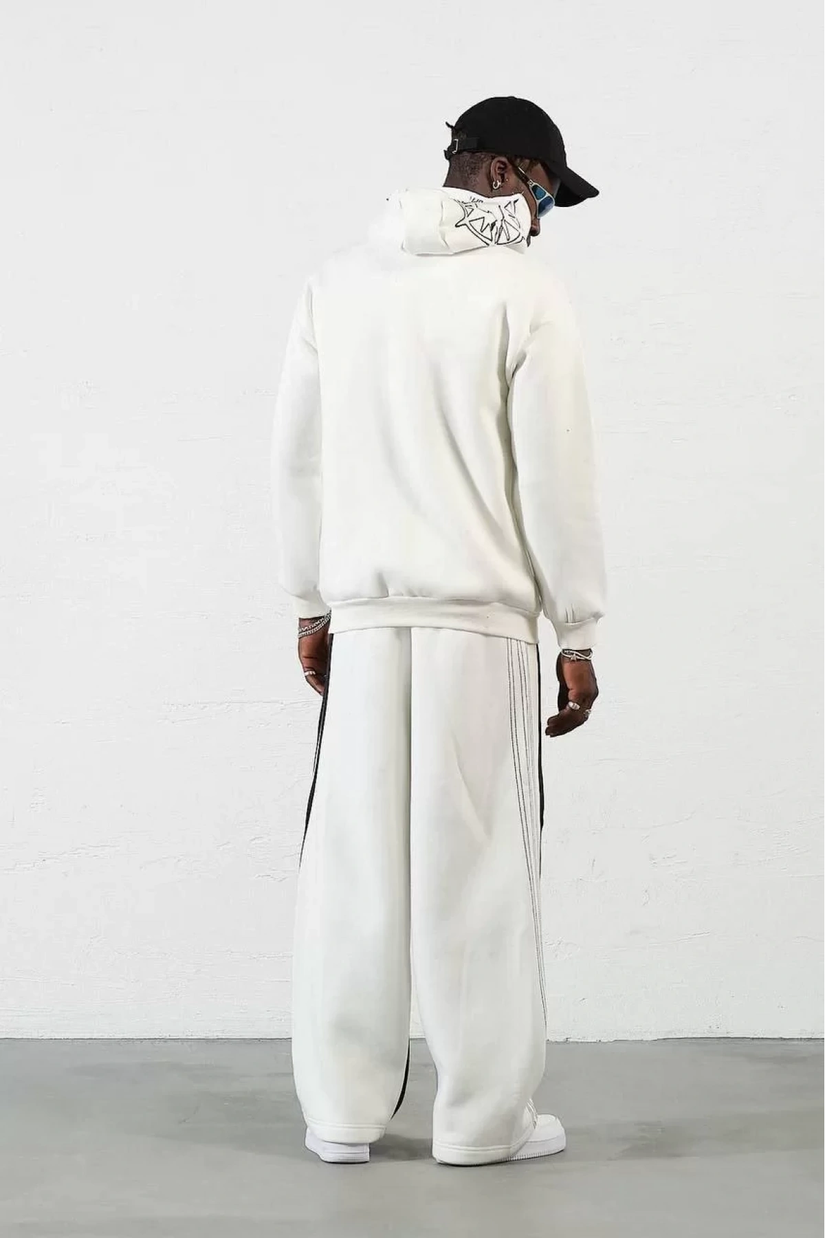 Ninja Çift Kapüşonlu Full Fermuarlı Nakışlı Hoodie- Beyaz