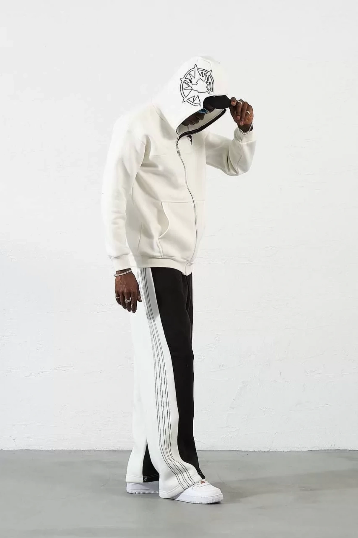 Ninja Çift Kapüşonlu Full Fermuarlı Nakışlı Hoodie- Beyaz