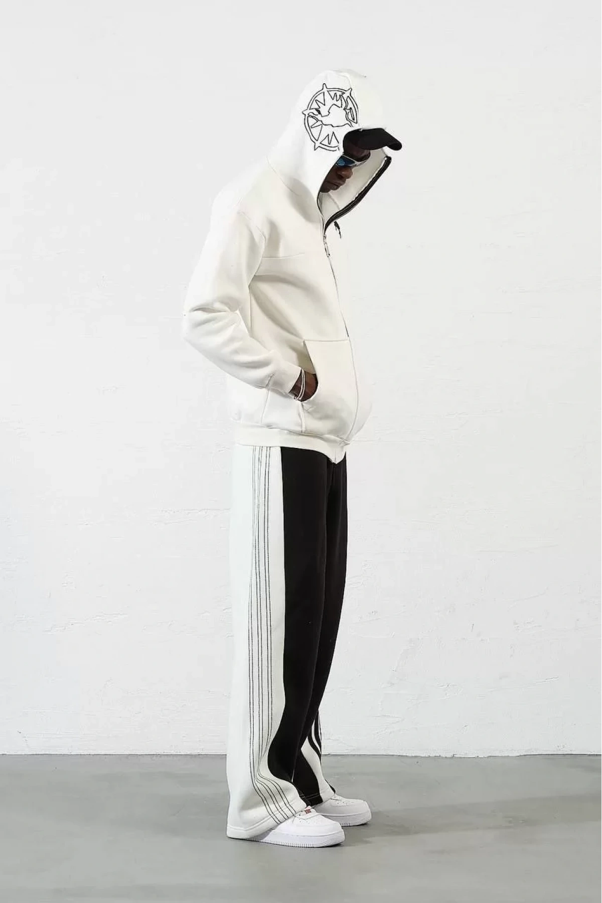 Ninja Çift Kapüşonlu Full Fermuarlı Nakışlı Hoodie- Beyaz