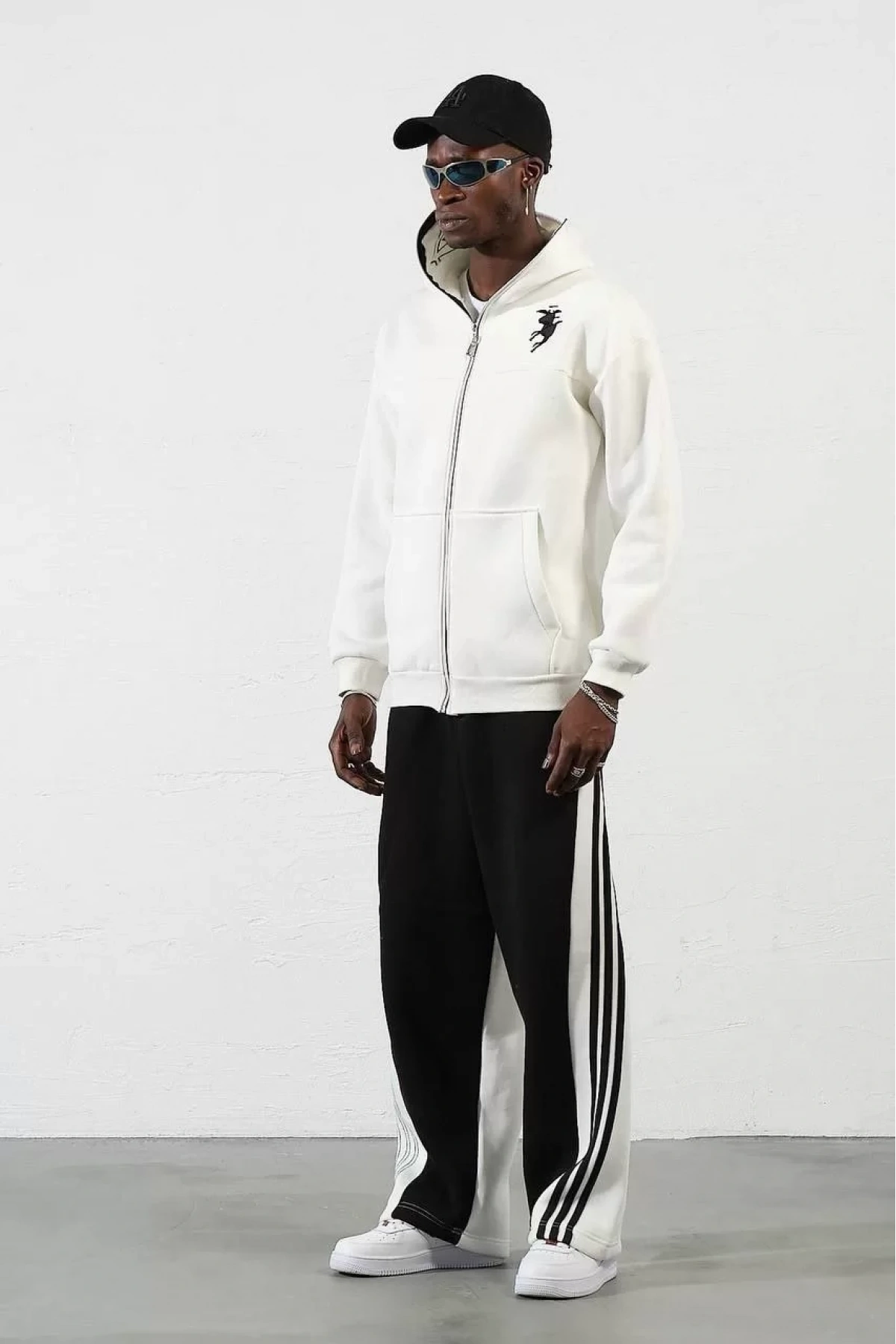 Ninja Çift Kapüşonlu Full Fermuarlı Nakışlı Hoodie- Beyaz